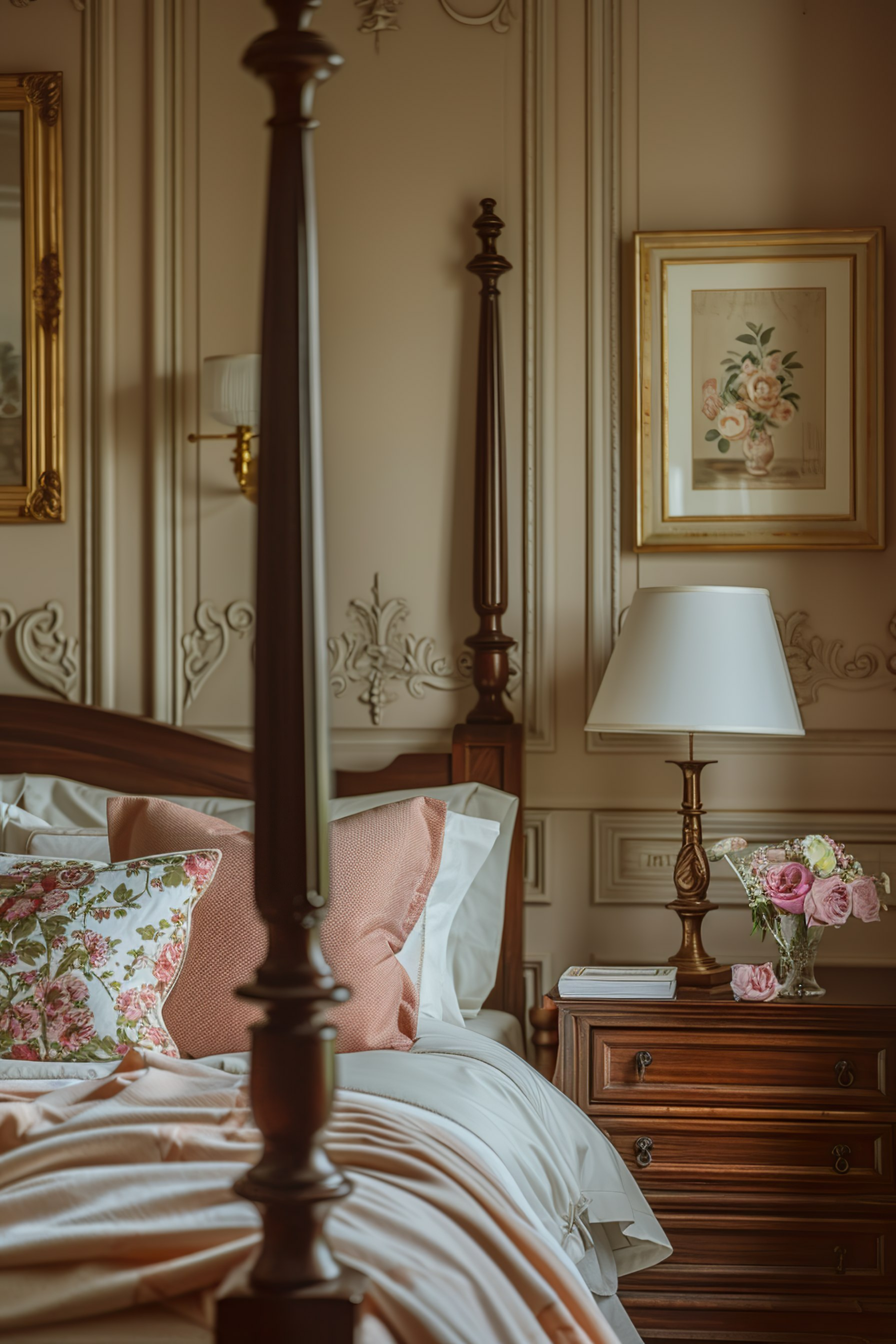 Elegant vintage bedroom with a four-poster bed, floral pillows, white linens, a bedside table with a lamp, and a framed floral picture on the wall.