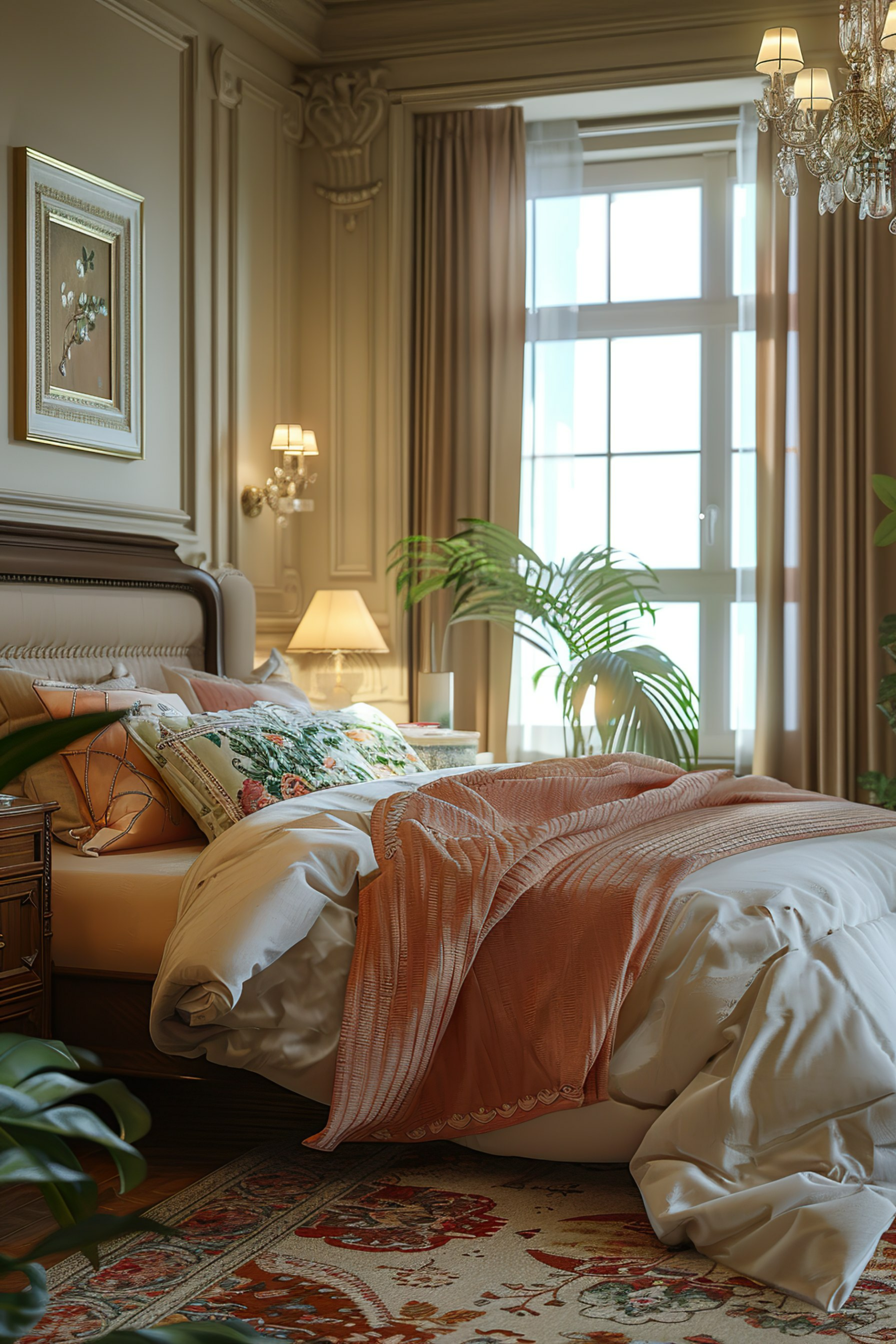 A well-decorated bedroom with an ornate bed, peach bedding, classical wall molding, a framed artwork, and a window letting in daylight.