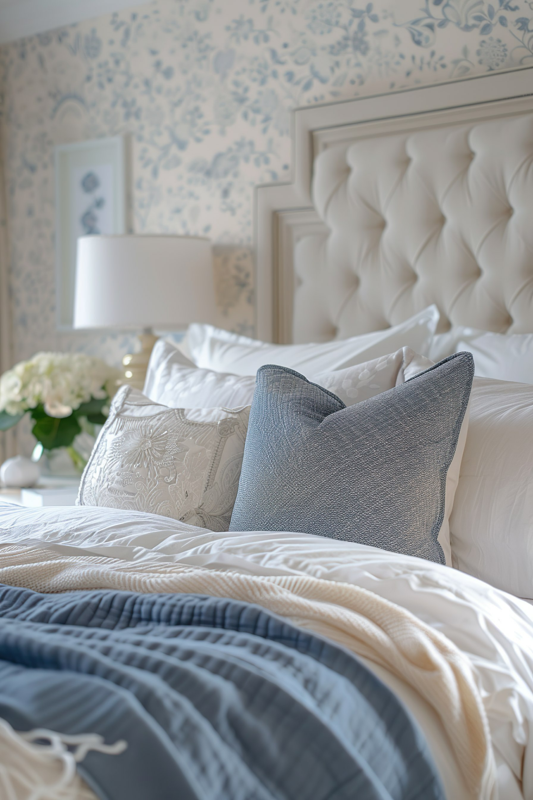 Elegant bedroom with plush white tufted headboard, decorative pillows, and a blue and white comforter set against floral wallpaper.