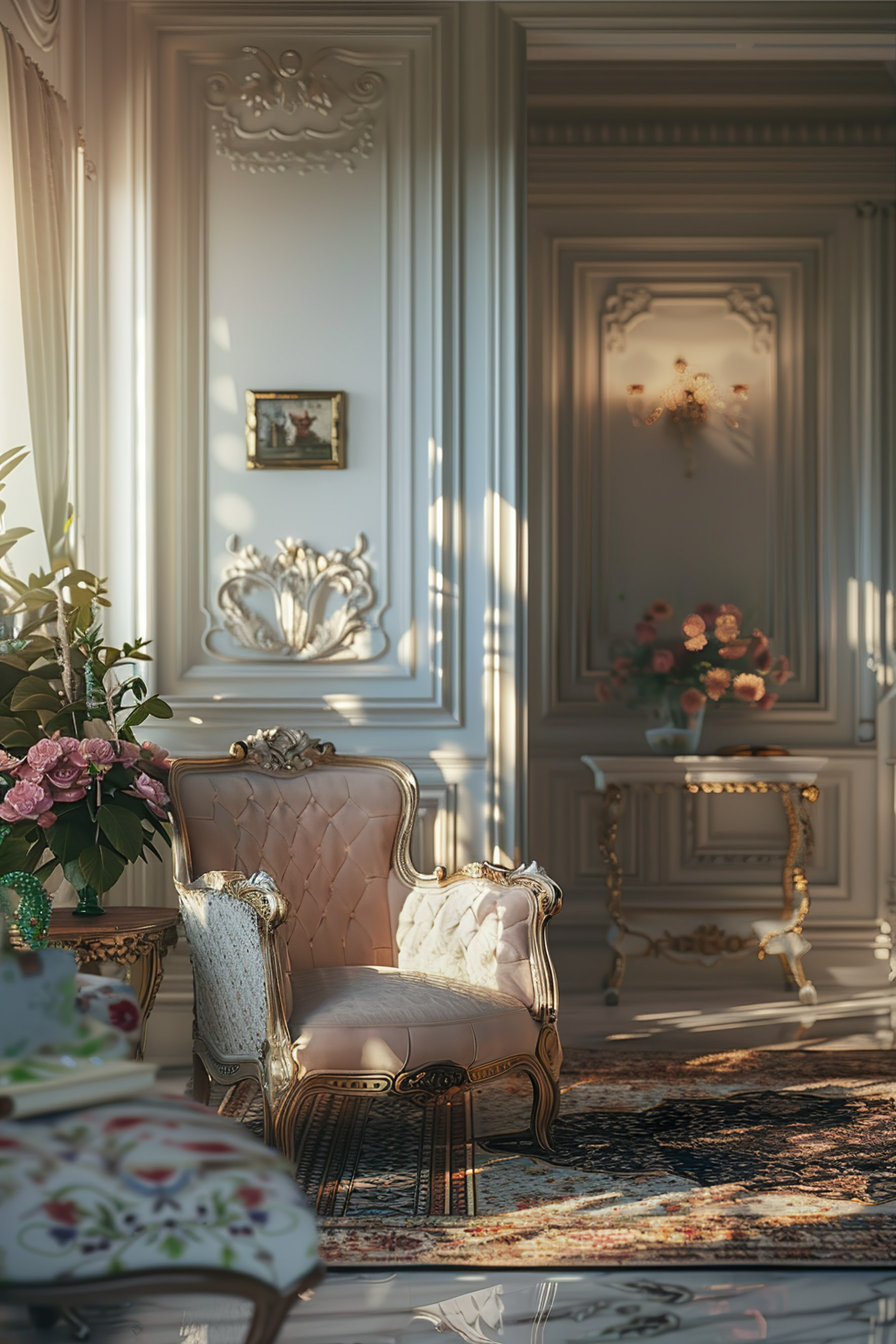 Elegant vintage room with ornate furniture, detailed moldings, and warm sunlight filtering through the window, casting soft shadows.