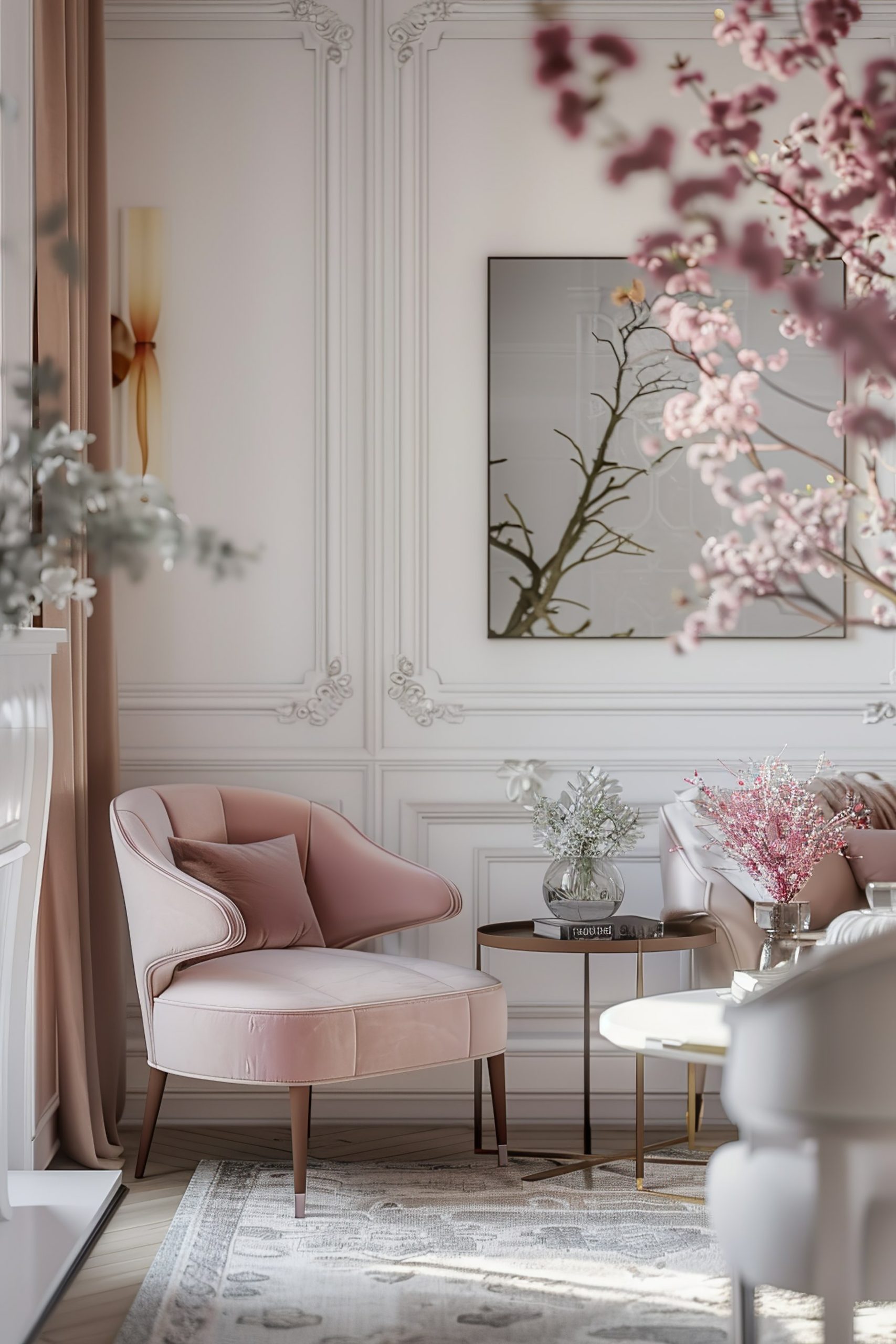 Elegant interior with a blush pink armchair, white paneled walls, a framed artwork, and decorative blossoms on tables.