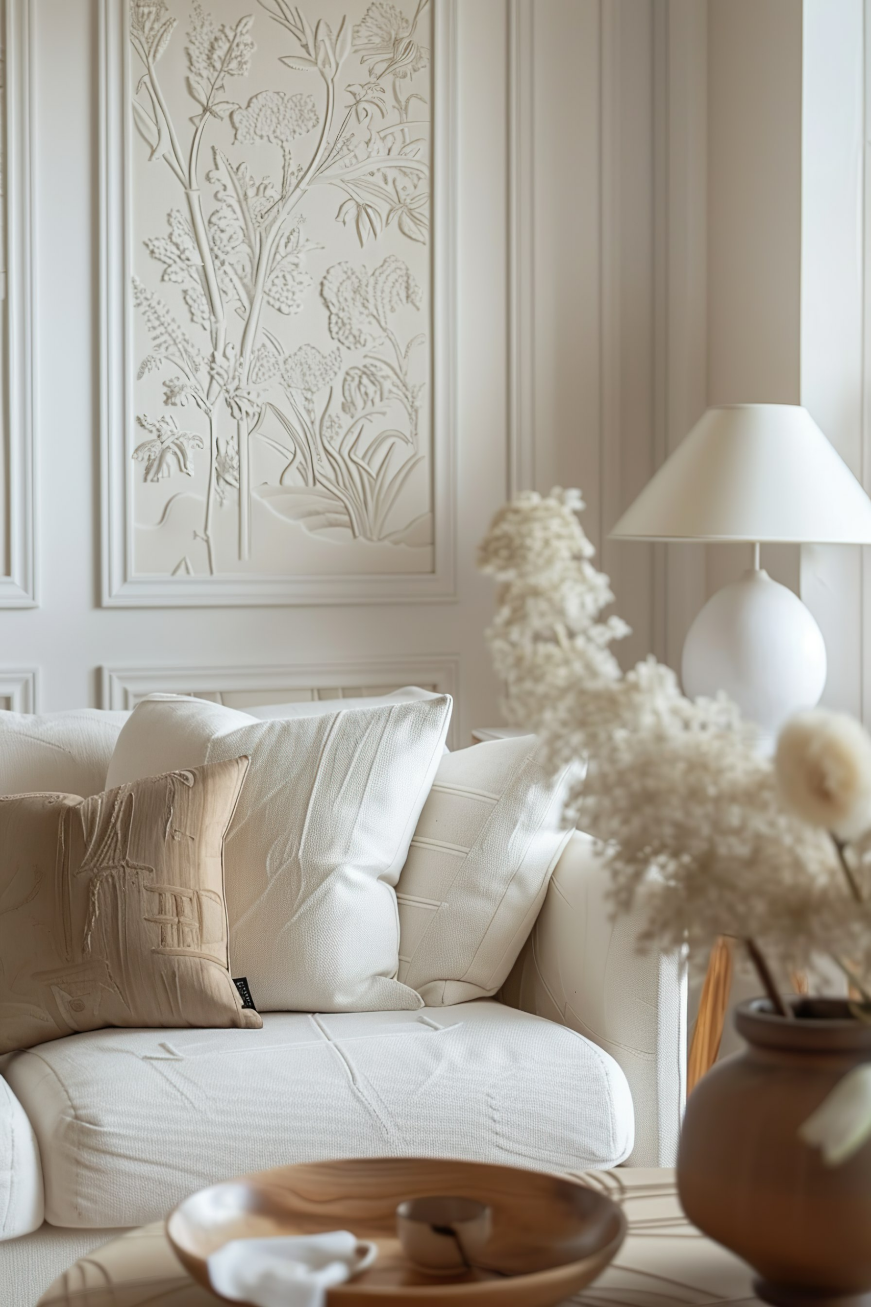 Elegant living room corner with a cream sofa adorned with textured pillows, a wooden tray on the table, and floral wall art.