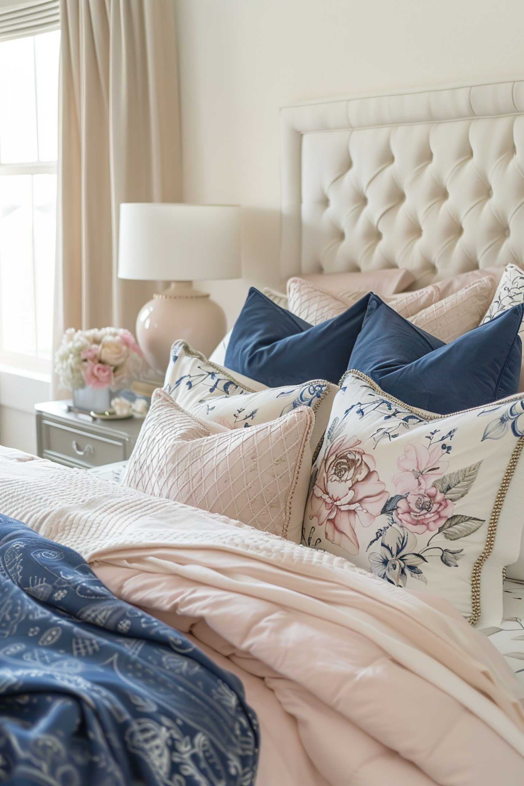 Elegant bedroom with a tufted headboard, multiple decorative pillows, and a mix of pink and blue bedding by a window.