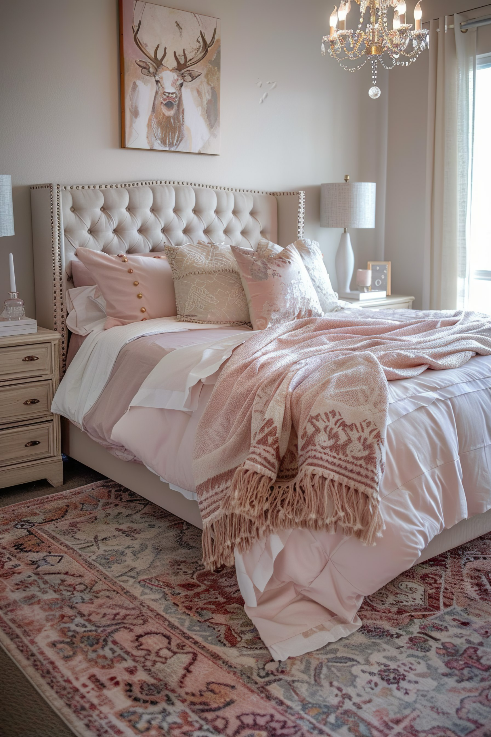 Elegant bedroom with a tufted headboard, pastel bedding, fringed throw, ornate chandelier, and deer canvas art.