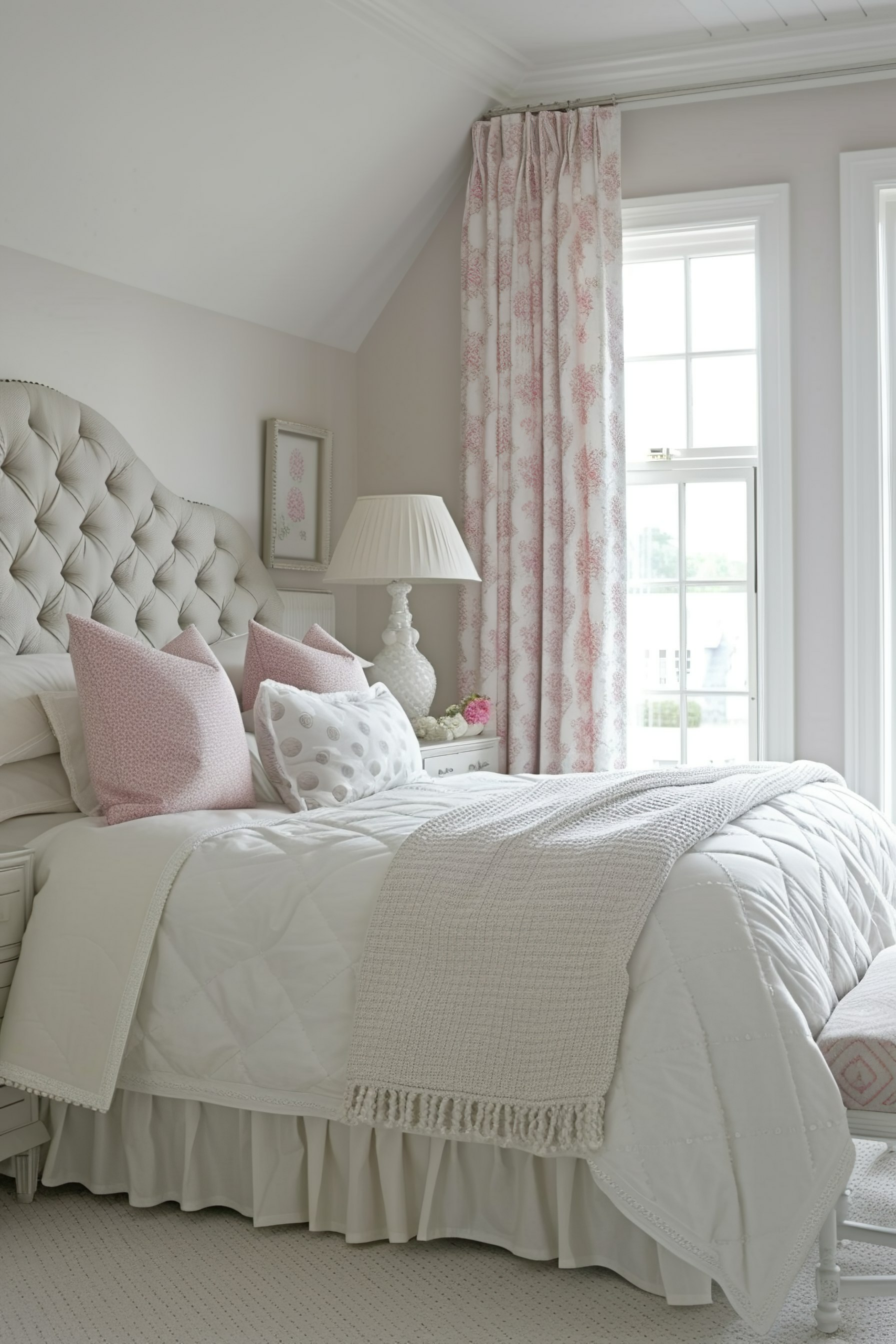 Elegant bedroom with a tufted headboard, white and pink bedding, patterned curtains, and a classic nightstand with a lamp.