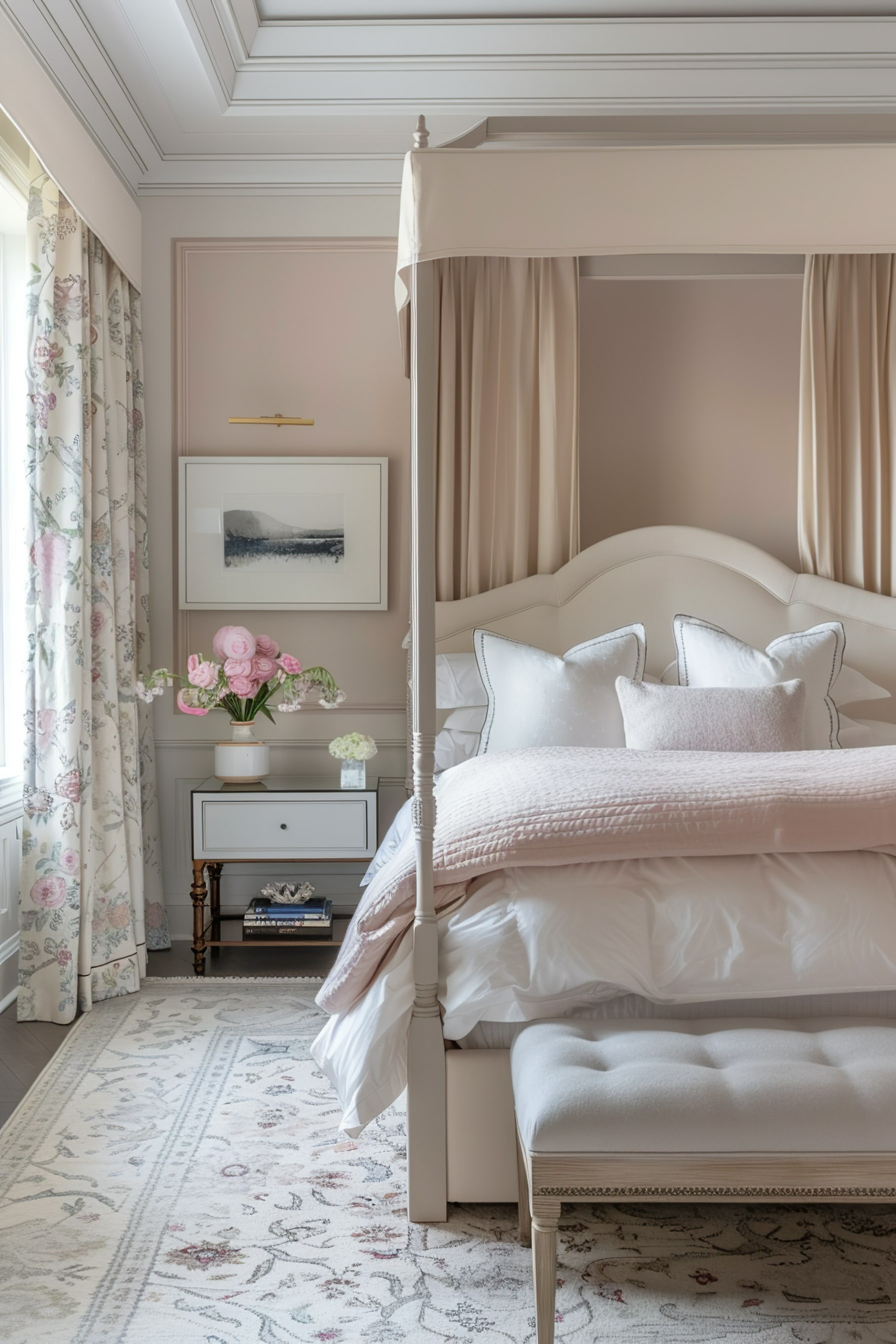 Elegant bedroom interior with a canopy bed, pastel tones, floral curtains, and a bedside table with flowers.