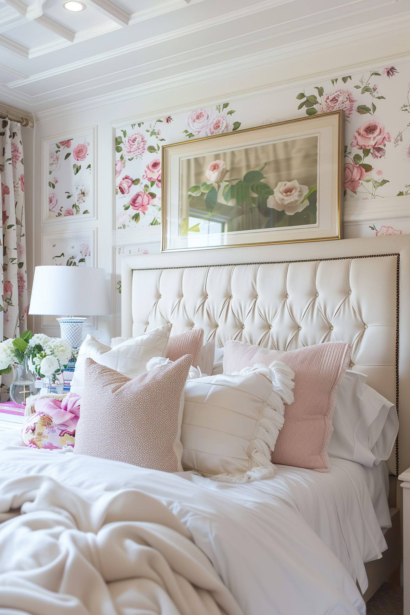 Elegant bedroom with a tufted headboard, pink and white pillows, floral wallpaper, and framed rose picture.