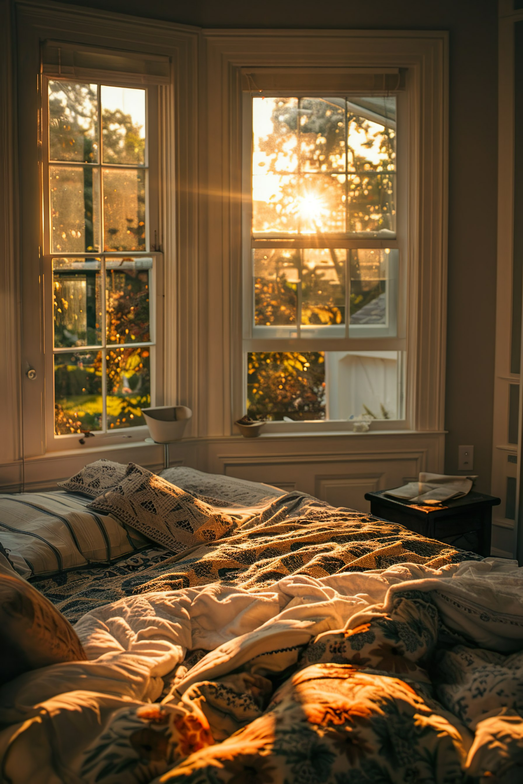 Alt text: Warm sunlight streams through a window onto a cozy bedroom with a made bed, patterned pillows, and a small bedside table.