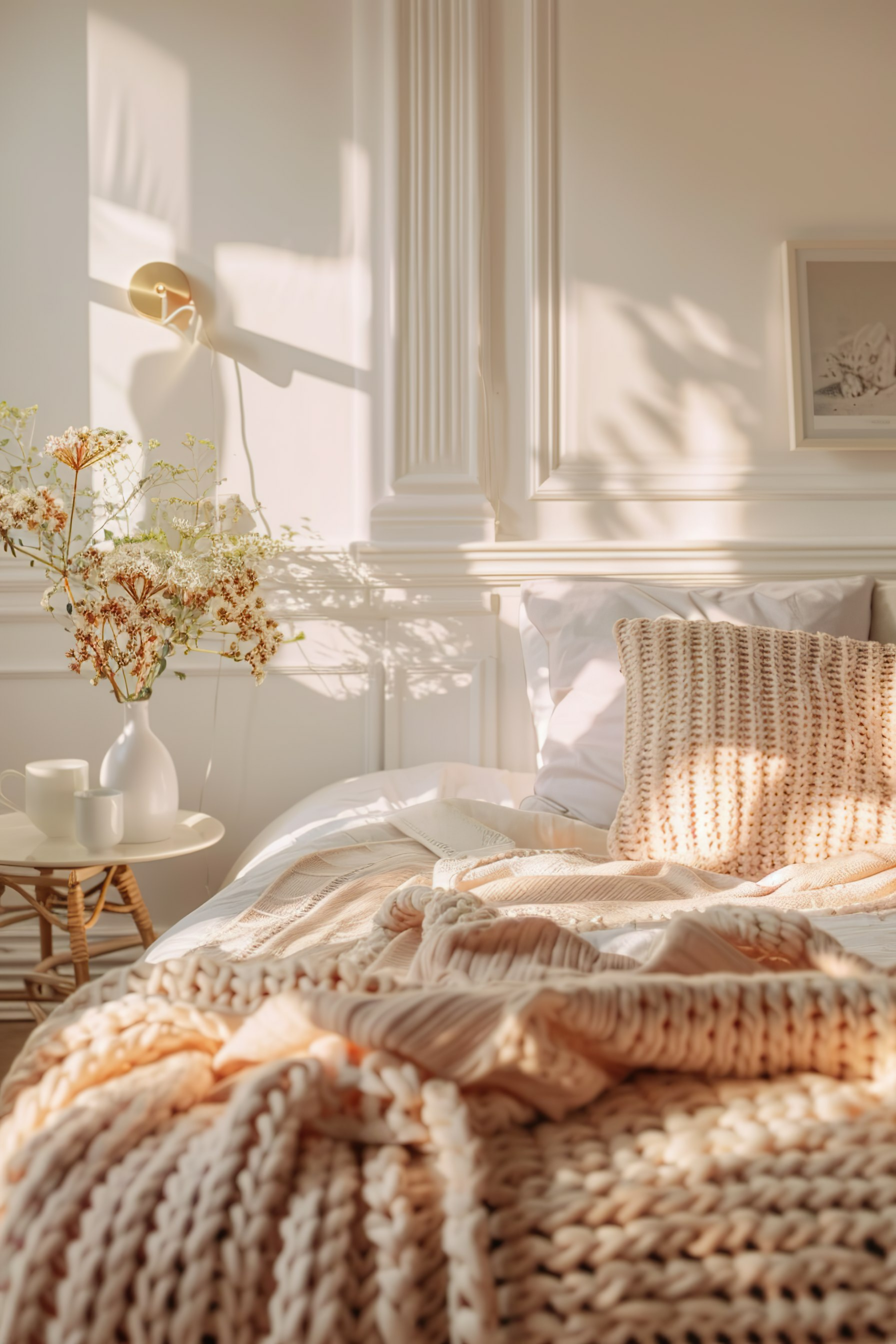 Cozy bedroom with chunky knit blanket, soft pillows, a vase with flowers, and warm sunlight casting gentle shadows.