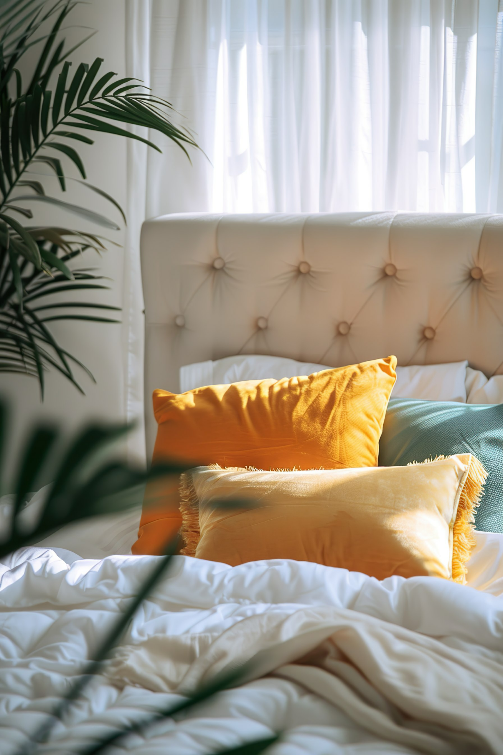 A cozy bedroom corner with a white tufted headboard, sunshine filtering through sheer curtains, and colorful throw pillows on an unmade bed.