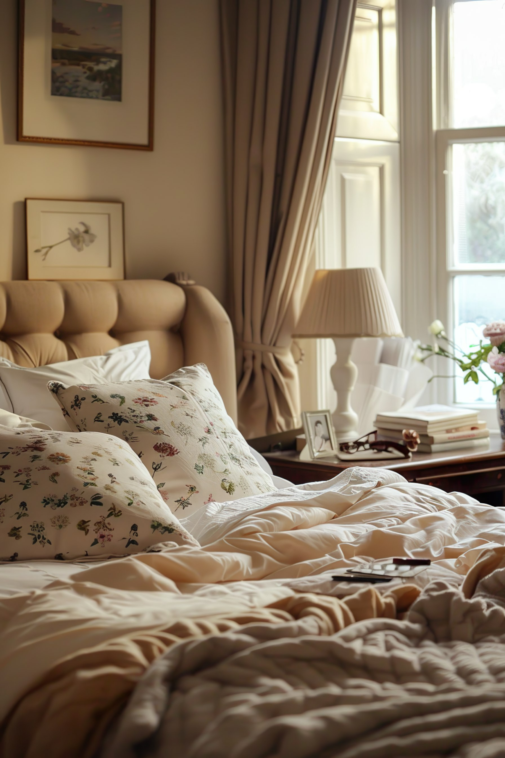 A cozy bedroom with an unmade bed, floral pillows, a lamp on a bedside table, draped curtains, and artwork on the walls.