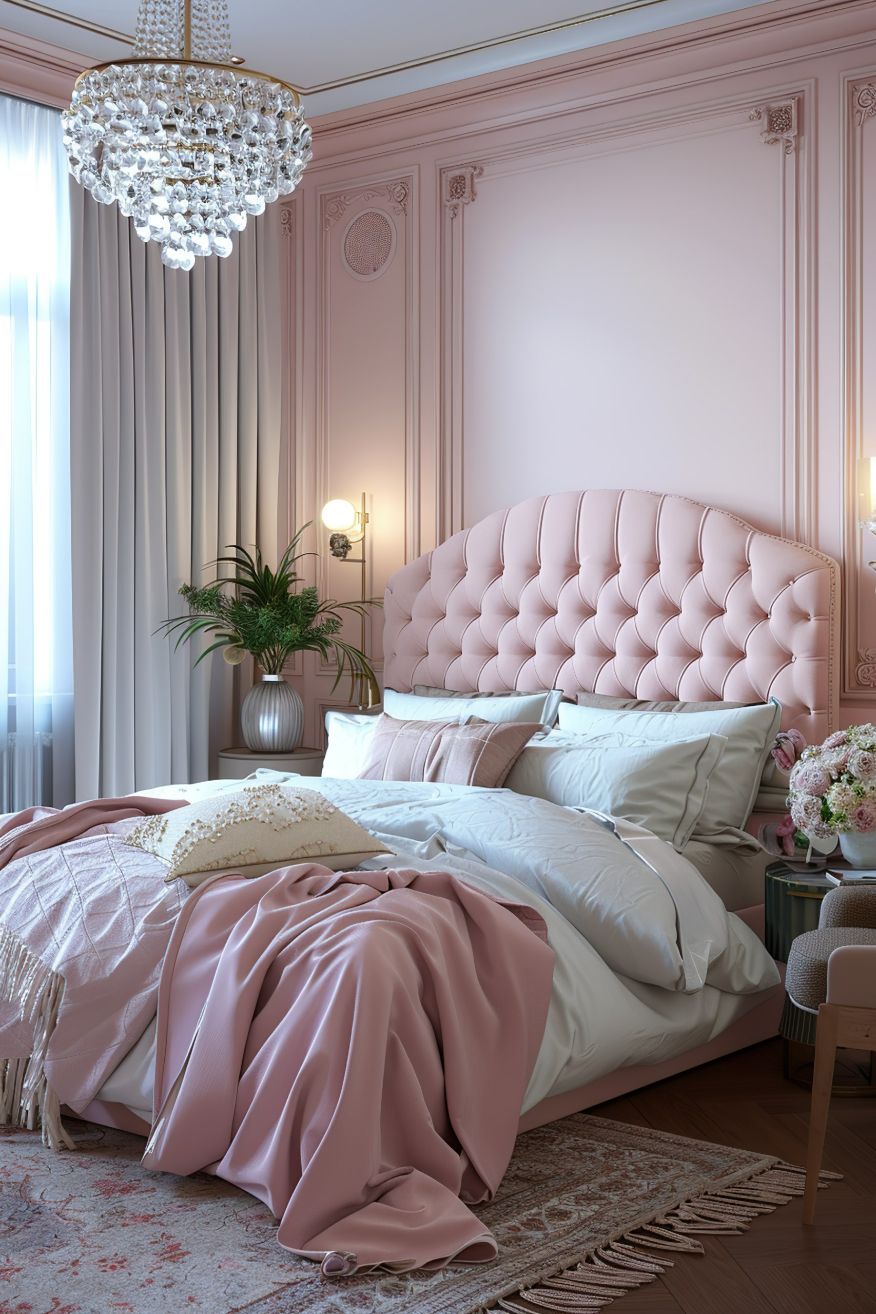 Elegant bedroom with a blush pink palette, tufted headboard, crystal chandelier, and soft textiles.