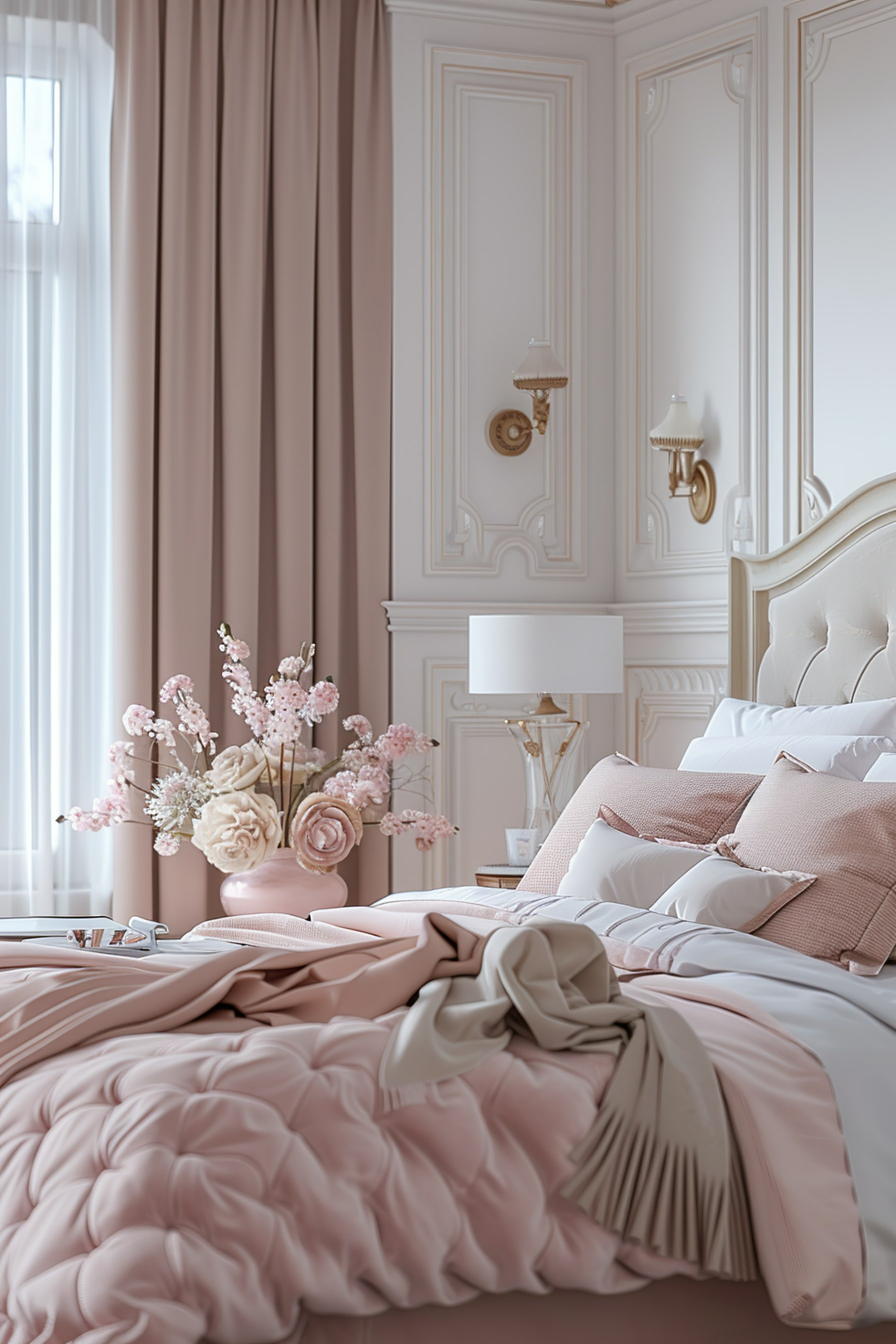 Elegant bedroom with plush bedding in shades of pink, white decorative panel walls, sconce lighting, and a vase of flowers on a nightstand.