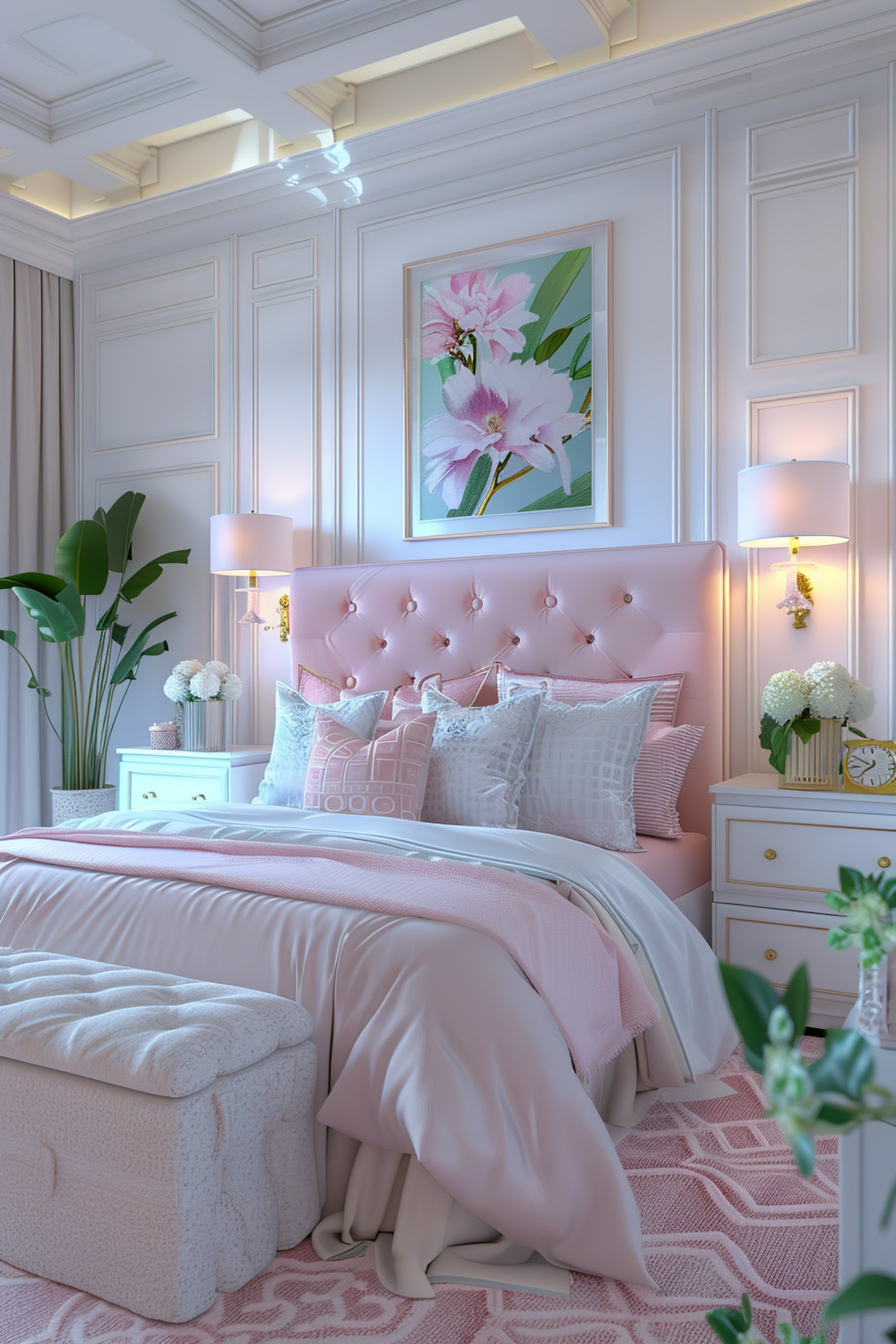 Elegant bedroom interior with a plush pink headboard, floral artwork, soft lighting, and coordinated bedding in pastel tones.