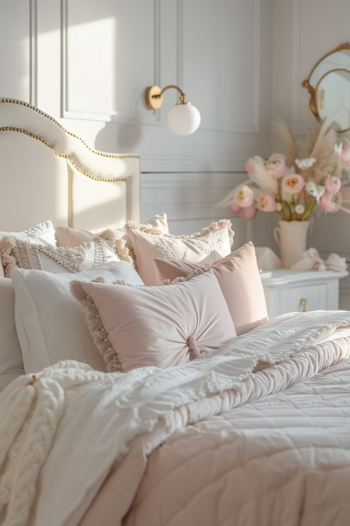 Elegant bedroom with plush bedding in soft pink and white, decorative pillows, and a wall-mounted light fixture.