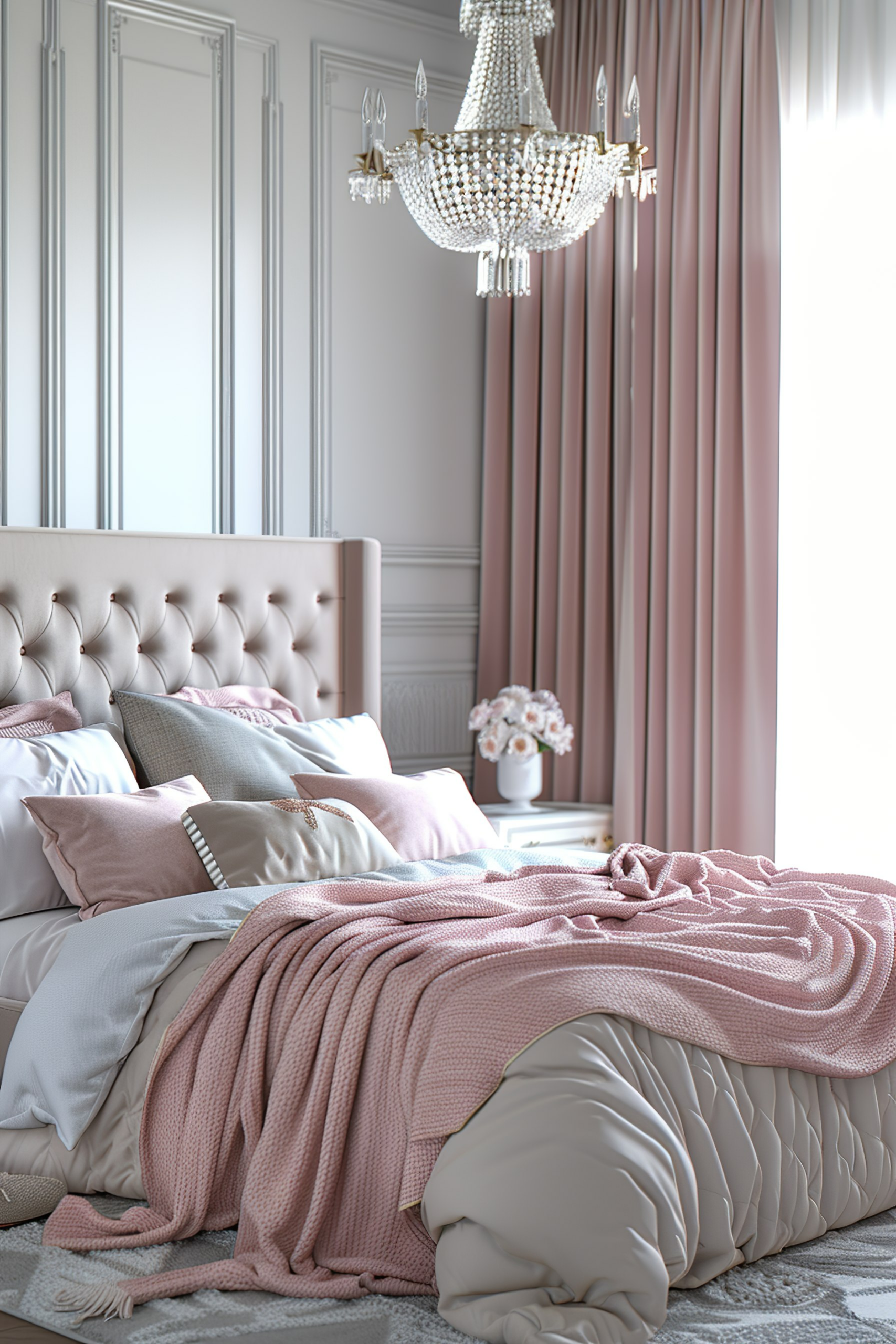 Elegant bedroom interior with a tufted headboard, plush bedding, pink accents, and a crystal chandelier.