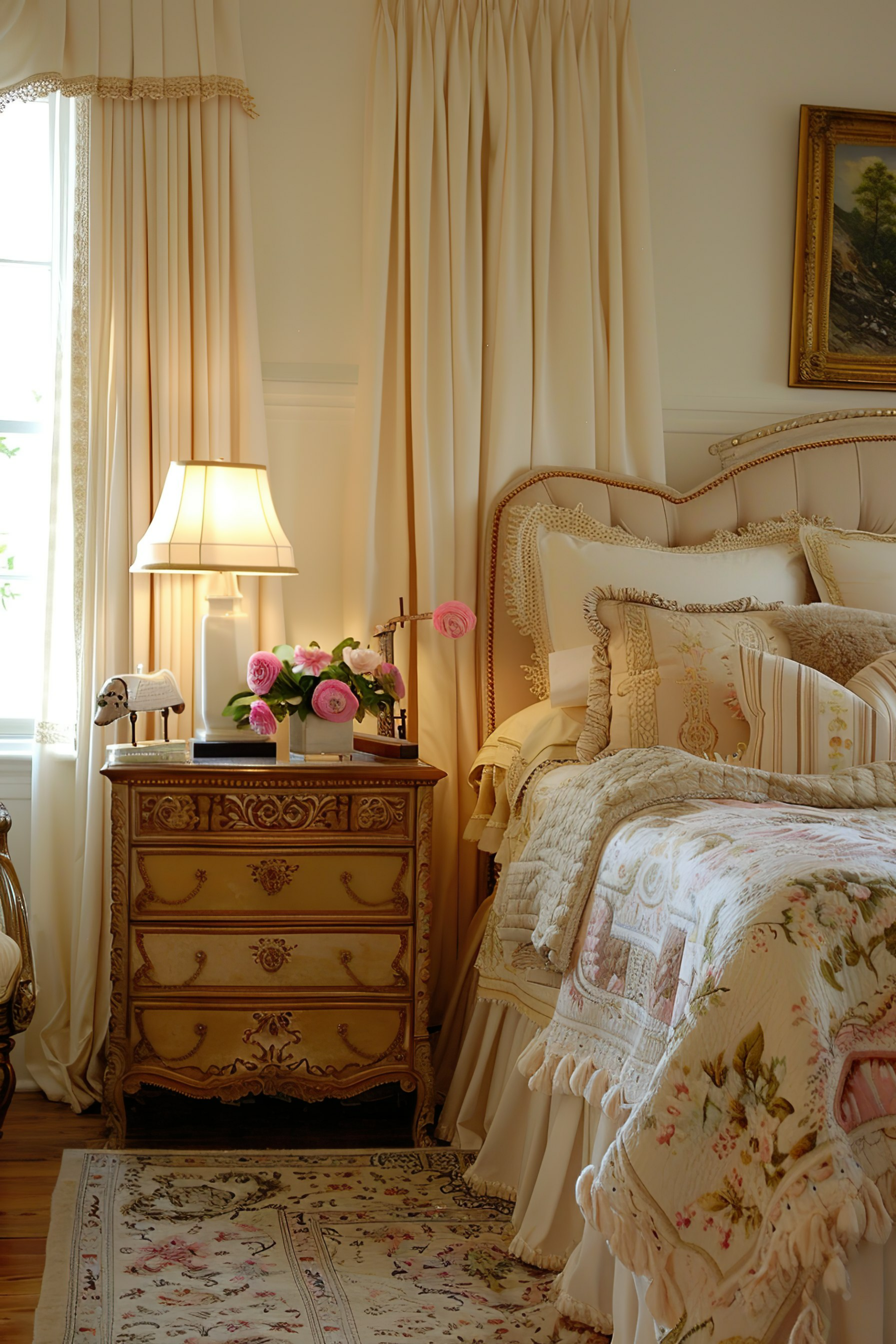 Elegant bedroom with ornate cream-colored furniture, floral bedding, a bouquet of roses, and a classic table lamp beside window drapes.