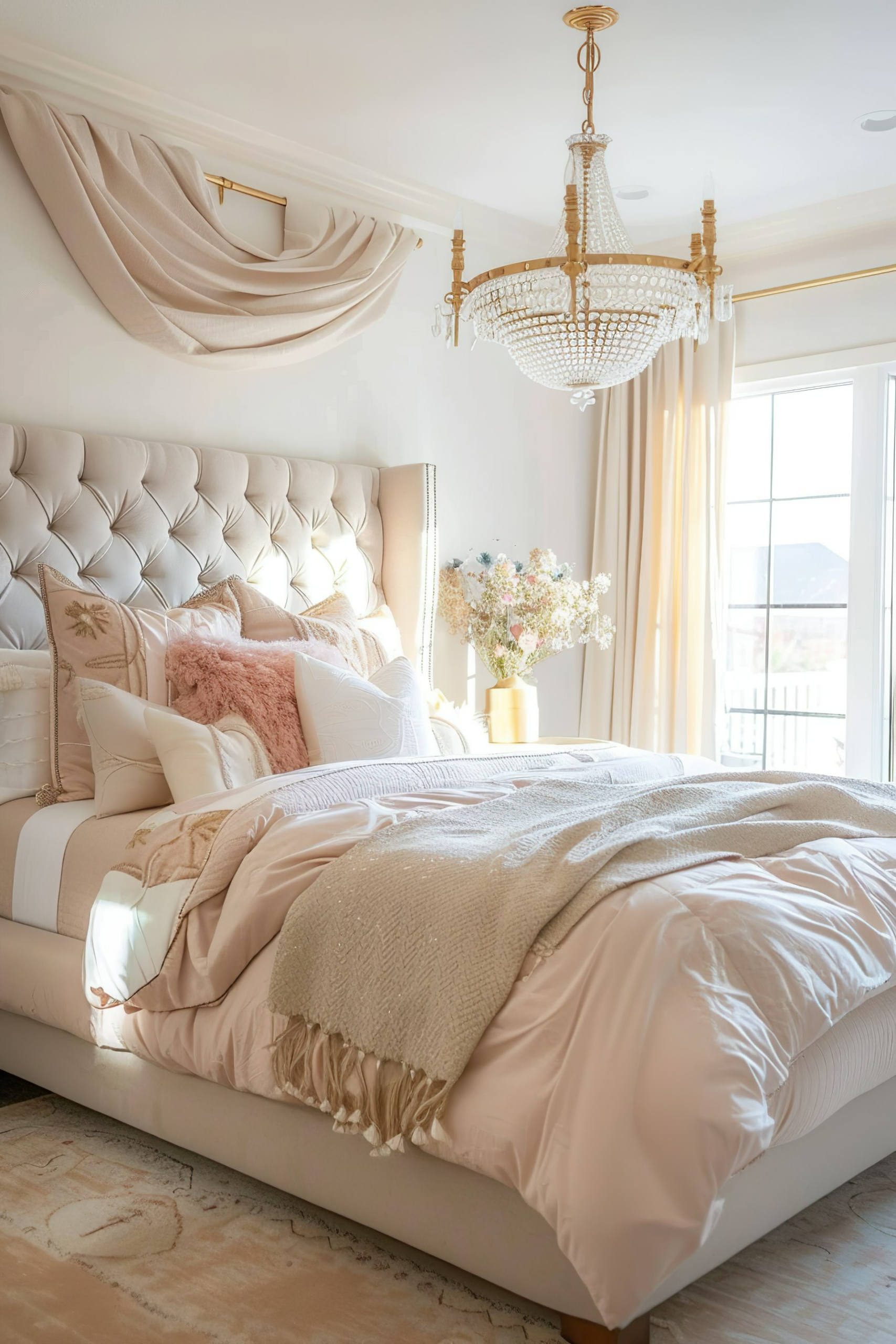 Elegant bedroom with a tufted headboard, chandelier, pastel bedding, and a bouquet of flowers on a sunny day.