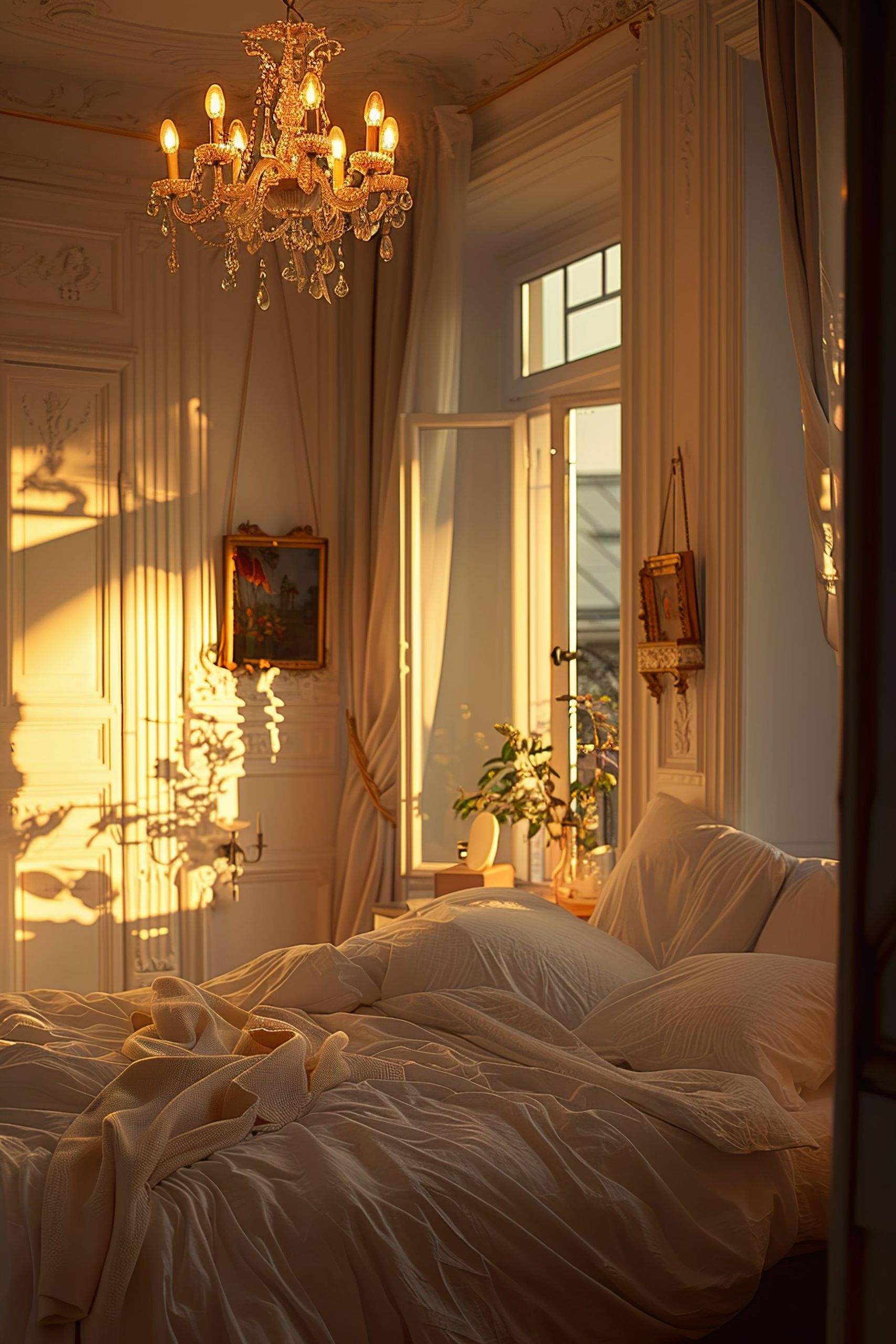 A cozy, sunlit bedroom with an elegant chandelier, unmade bed, and open window casting warm light and shadows on the walls.