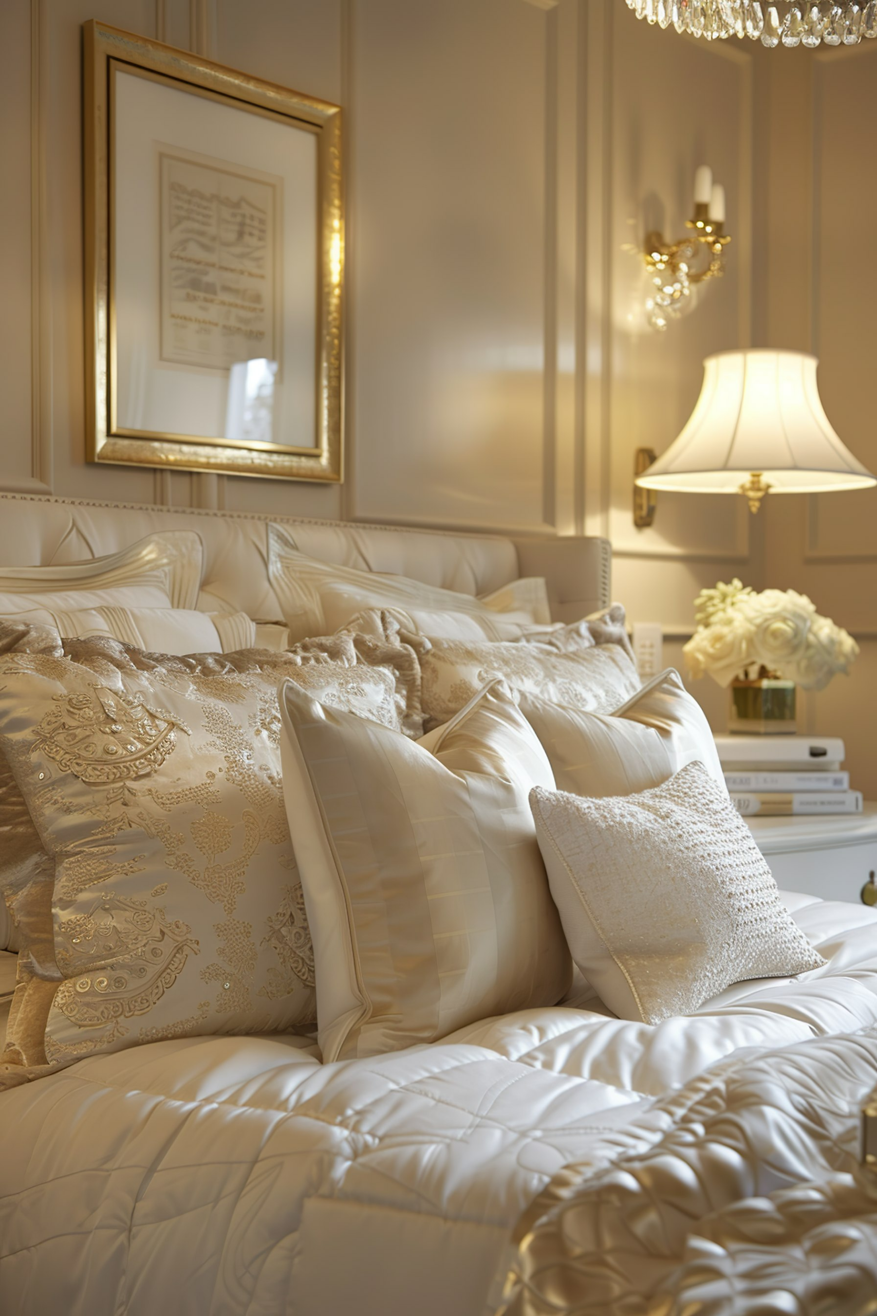 Elegant bedroom with plush white and gold bedding, decorative pillows, a lamp, and a framed artwork on the wall.