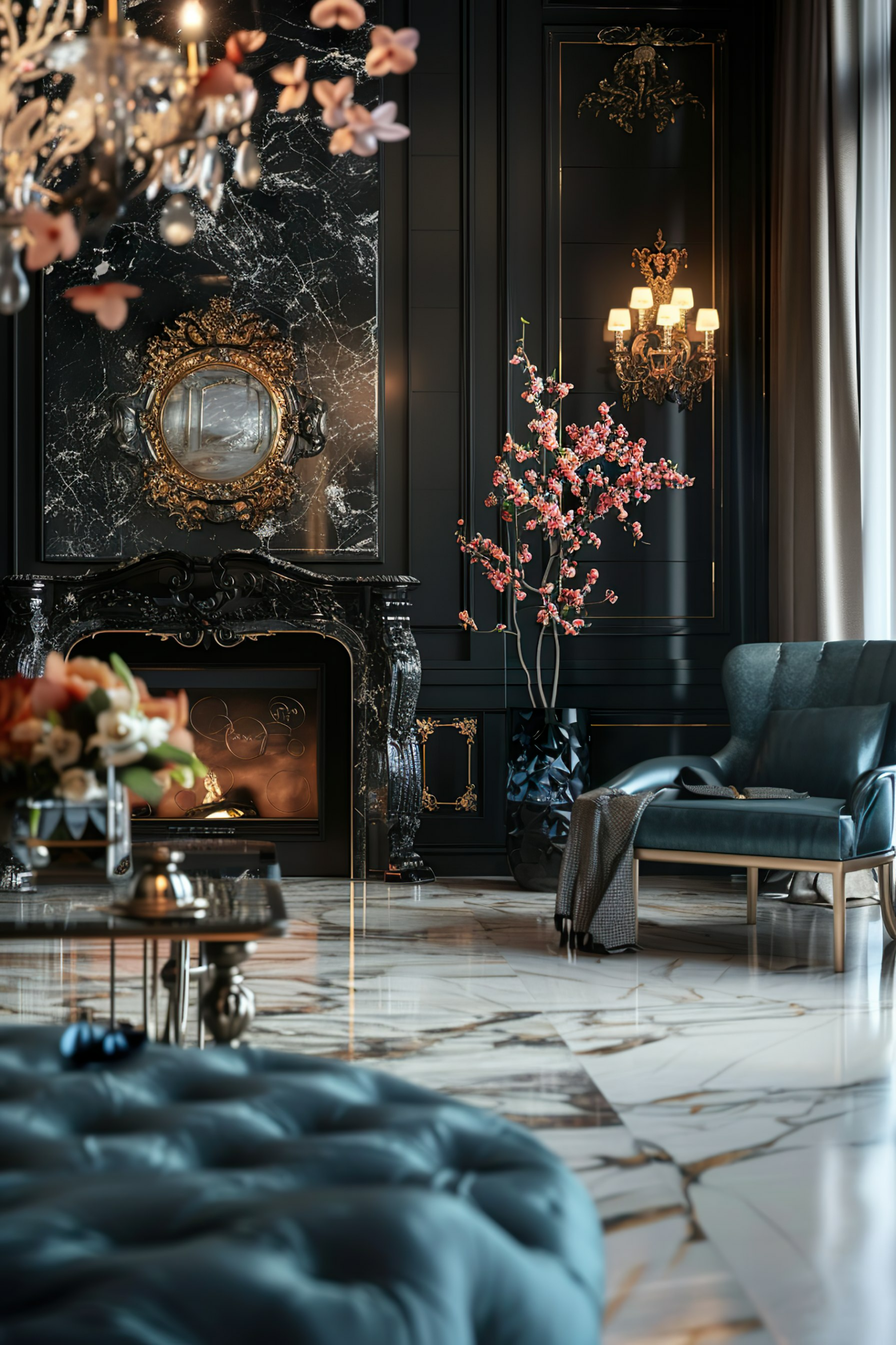 Elegant living room with marble floors, dark paneled walls, ornate fireplace, and plush seating under a crystal chandelier.