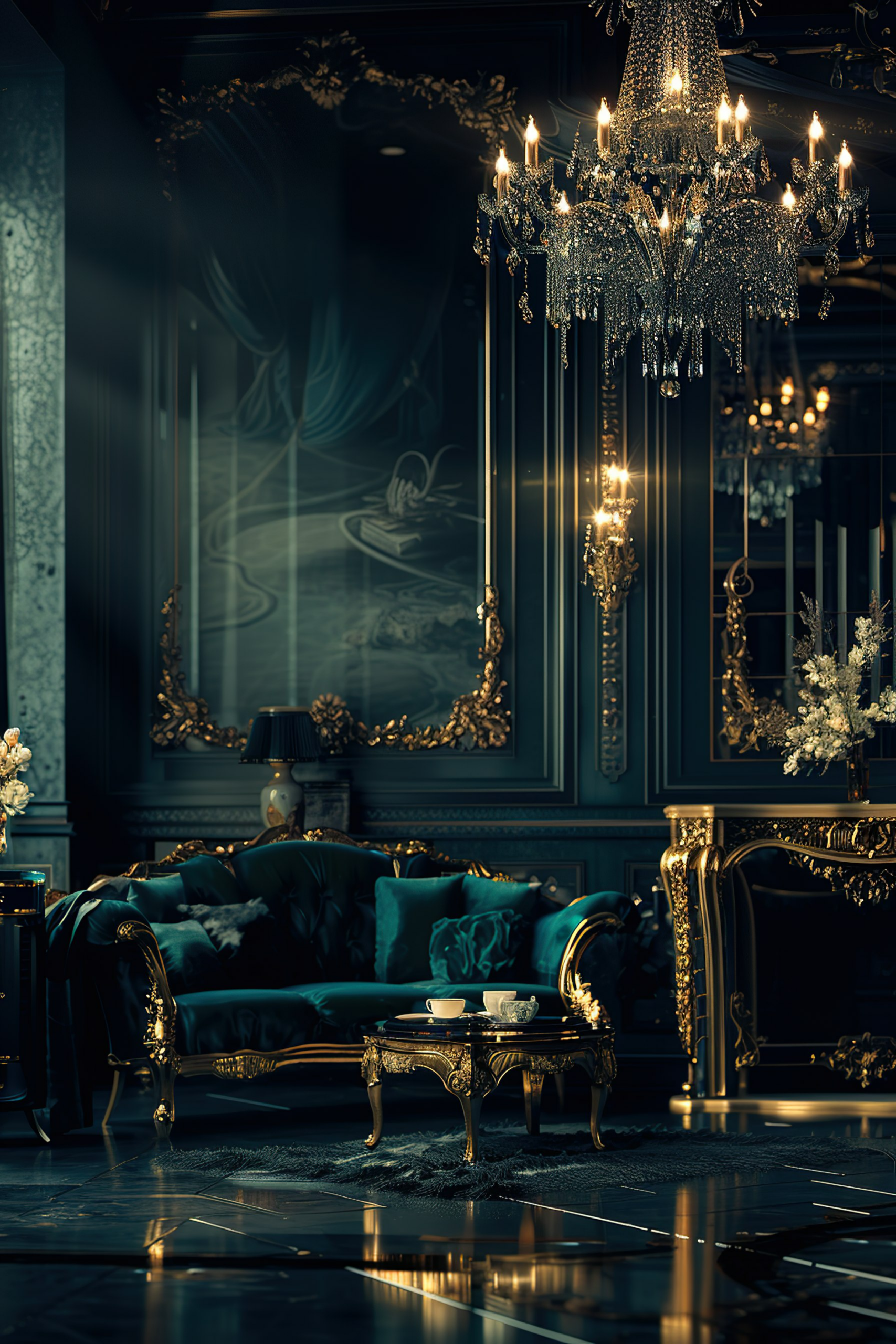 An opulent, dark room with a sparkling chandelier, luxurious golden-trimmed furniture, teal velvet sofa, and elegant wall art.