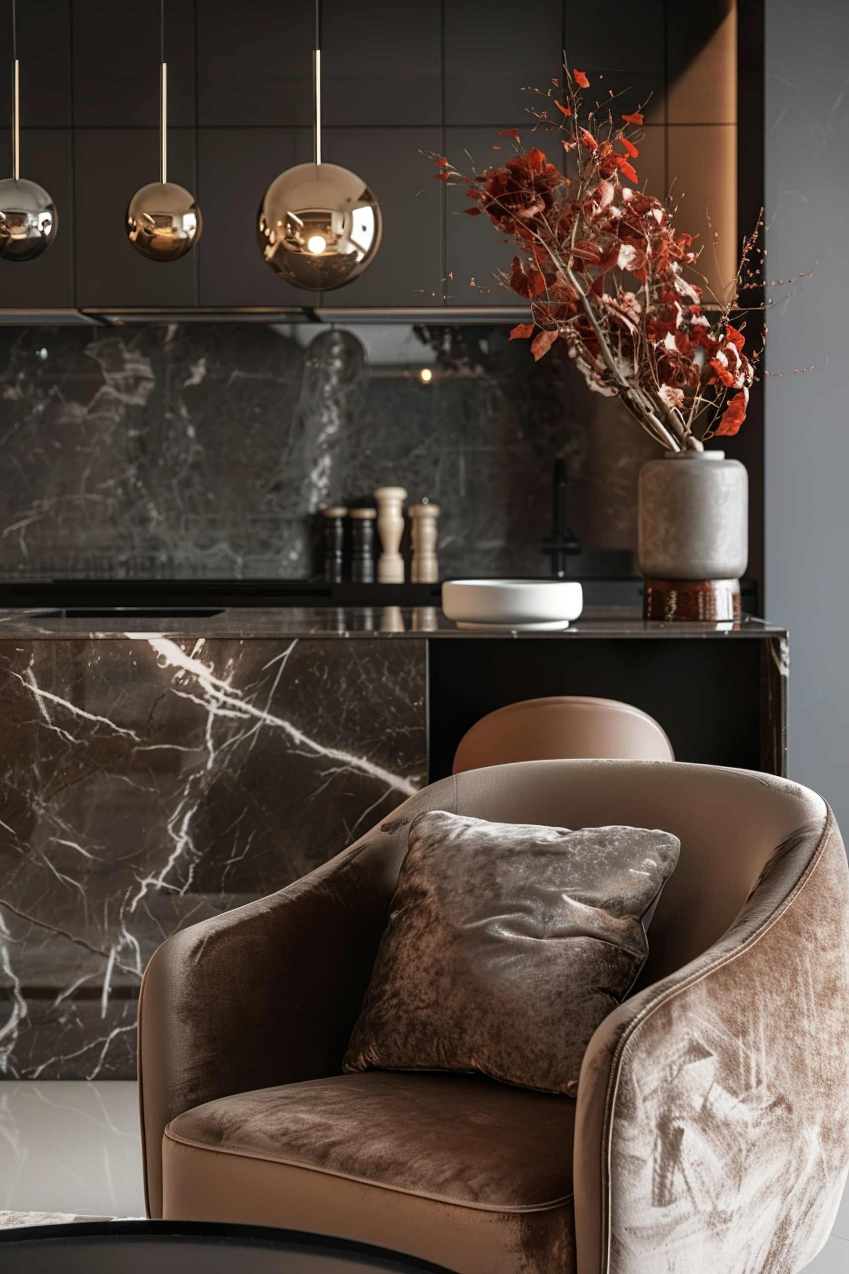 Elegant interior with a velvet armchair, decorative fall foliage in a vase, and modern spherical pendant lights above a marble countertop.