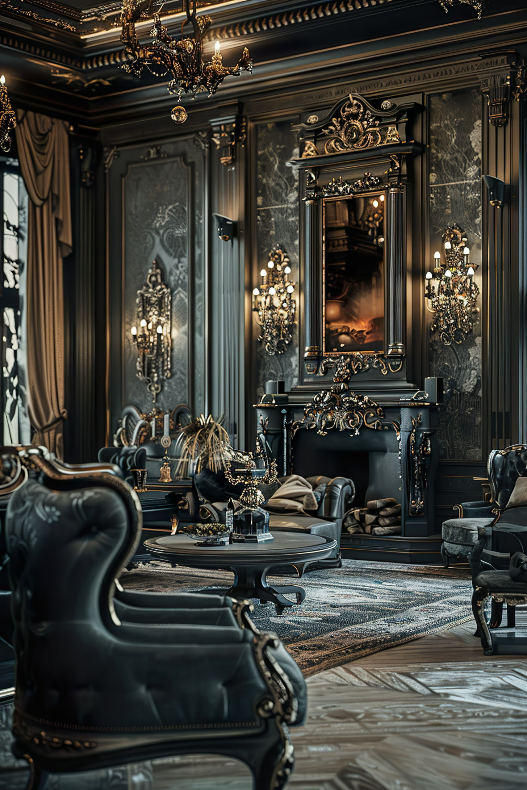 Elegant vintage room with ornate furniture, chandeliers, and a fireplace, all in deep, luxurious shades of blue and black.