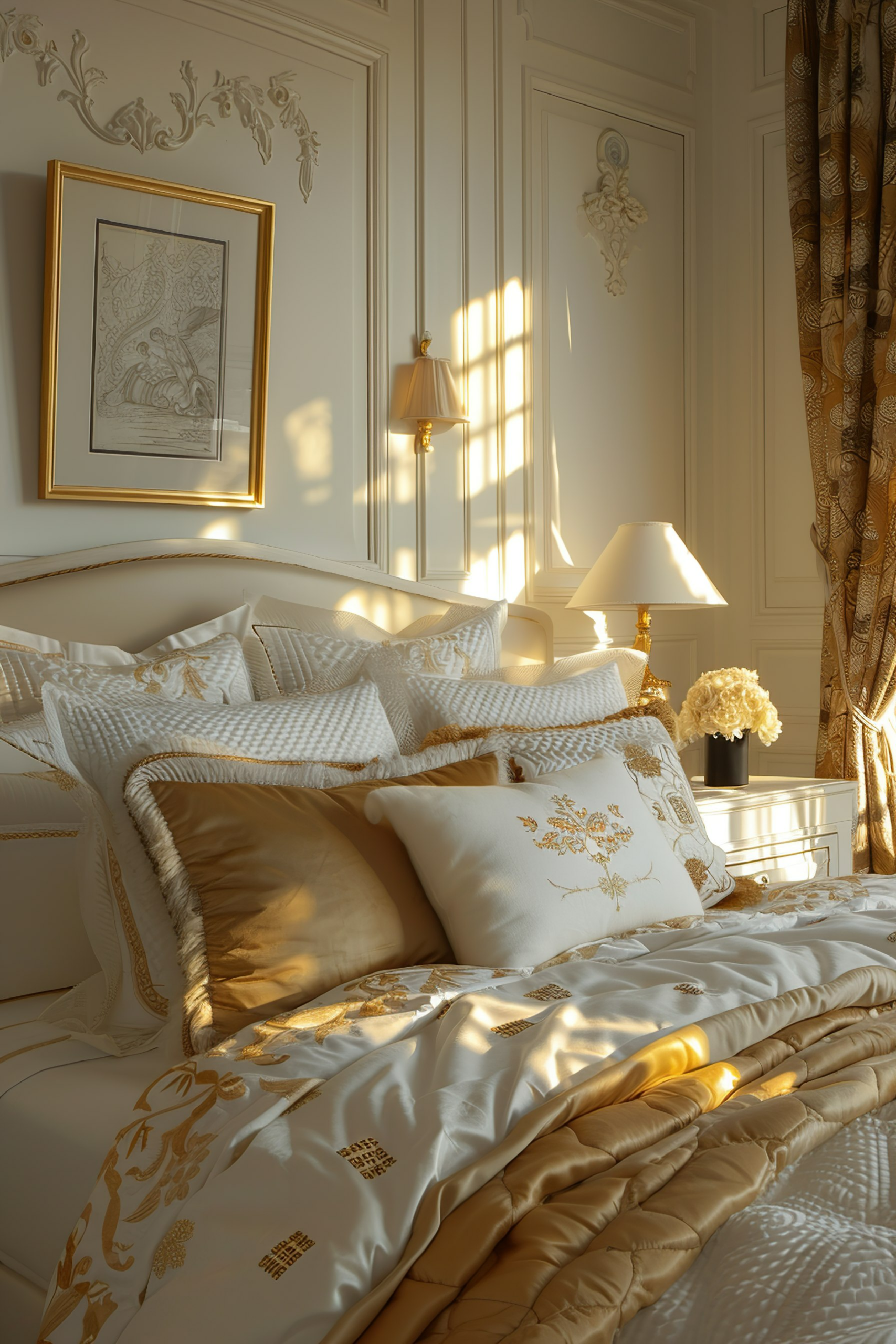 Elegant bedroom with sunlight streaming through curtains onto a luxurious bed with gold and white bedding and ornate wall moldings.