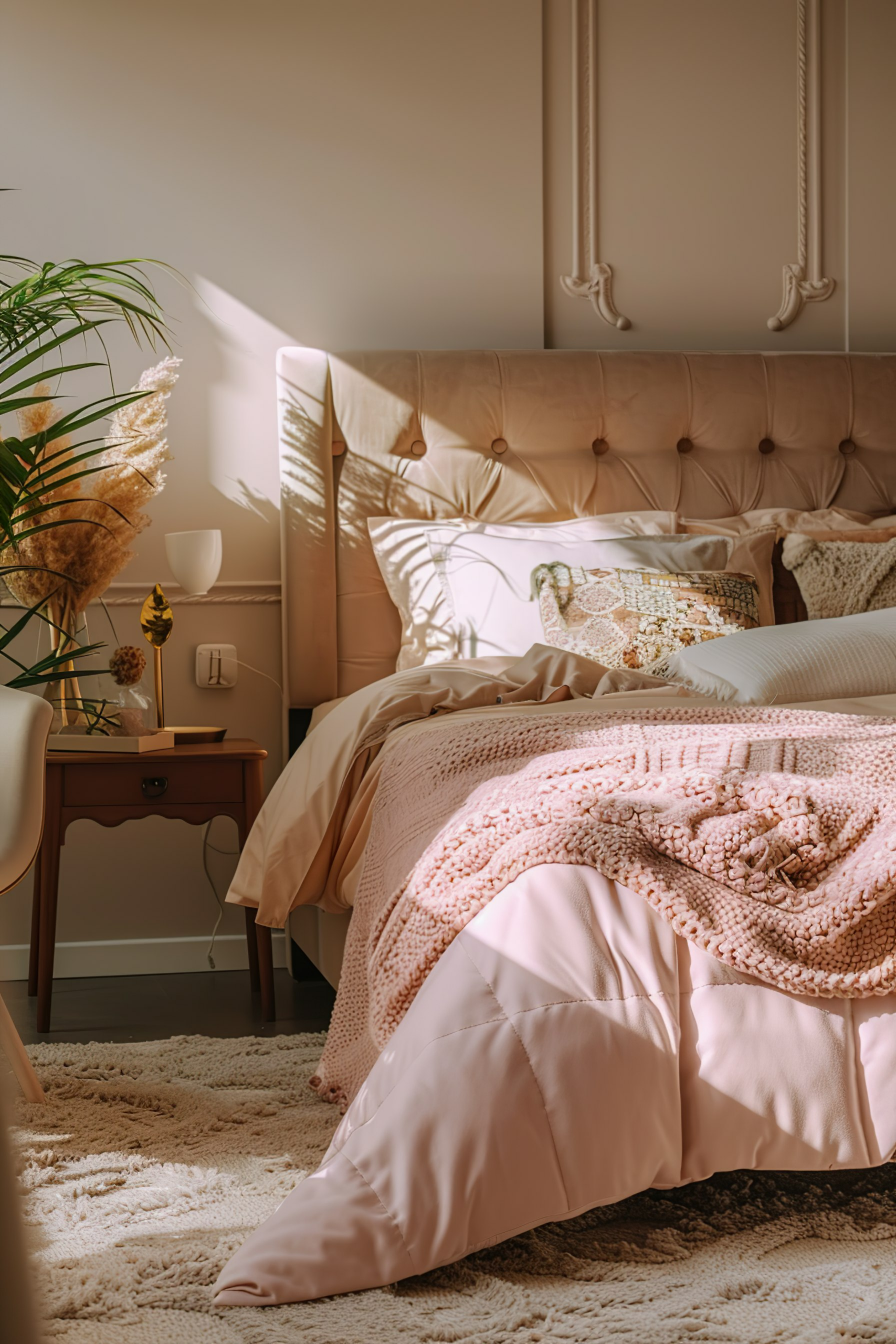 Sunlight filtering through a cozy bedroom with a plush pink bedspread, decorative pillows, and a bedside table with a plant.