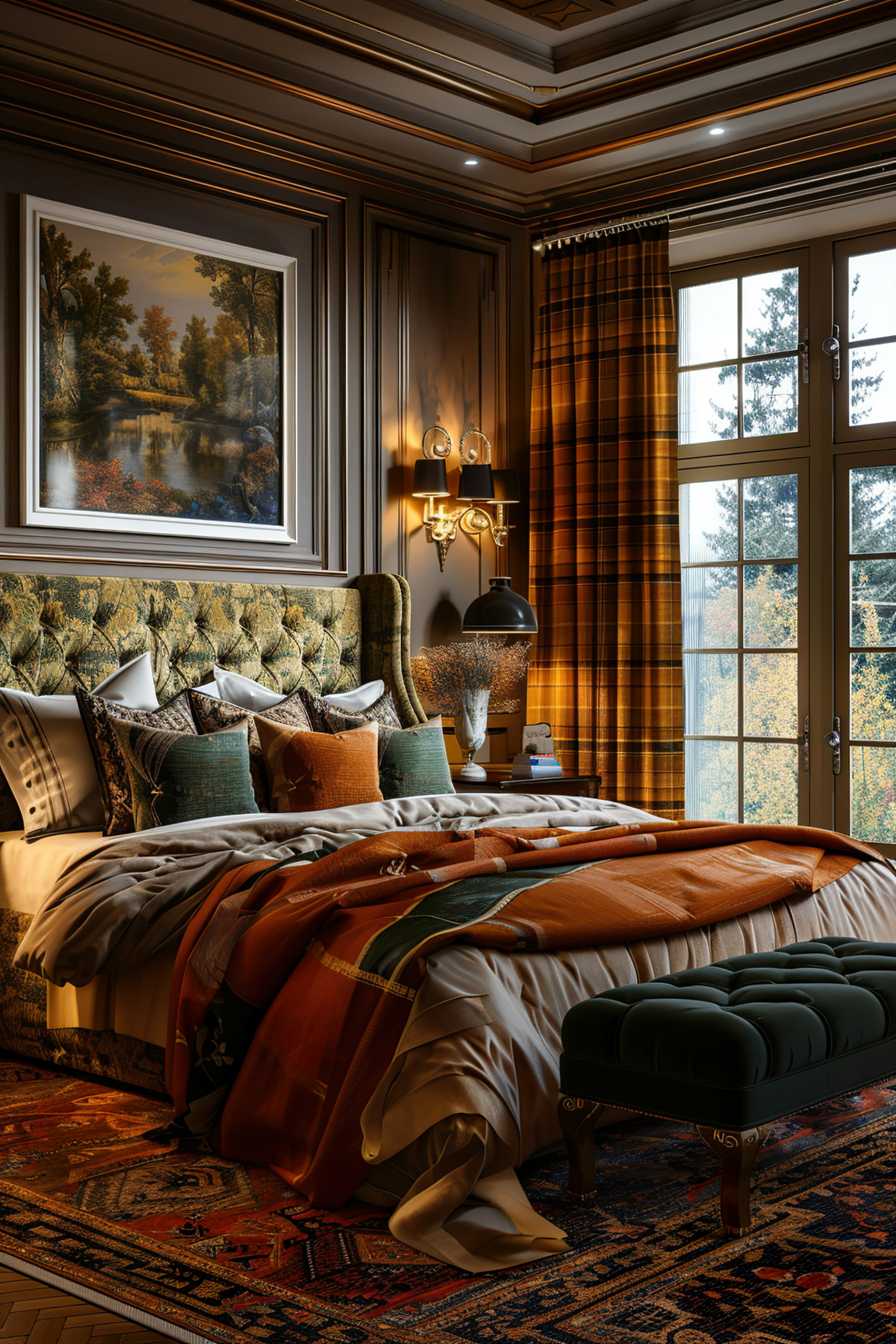 Cozy traditional bedroom with a plush bed, patterned curtains, and a scenic autumnal view from the window.