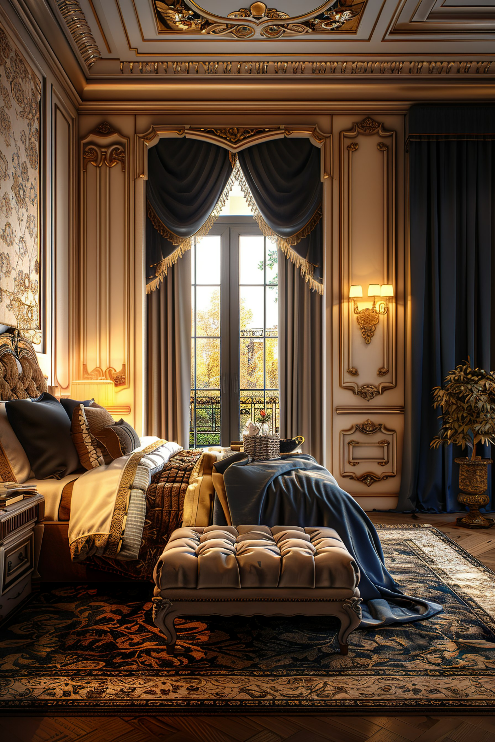 Elegant bedroom interior with gold-trimmed blue drapes, plush bedding, intricate wall and ceiling designs, warm lighting, and a balcony view.