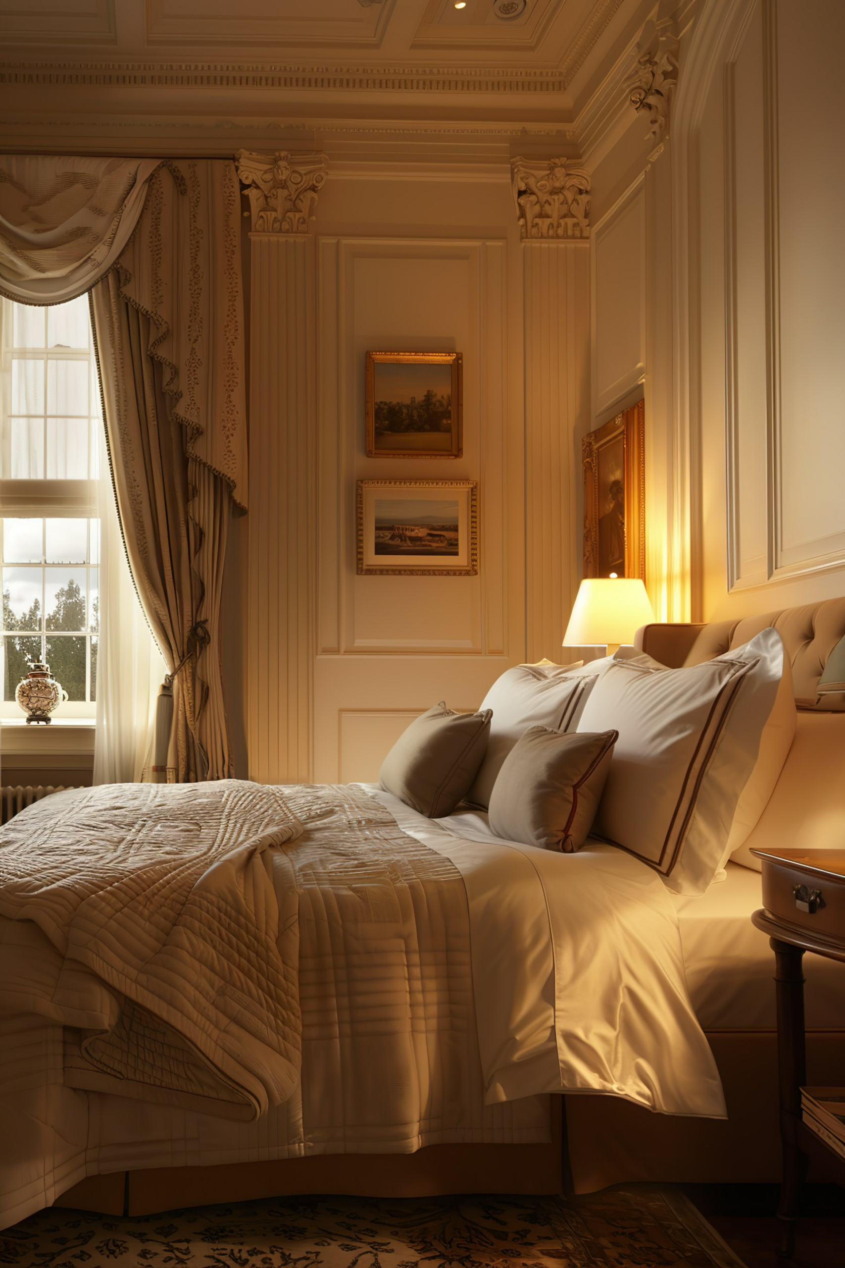 Elegant traditional bedroom with a well-made bed, ornate moldings, and warm ambient lighting.