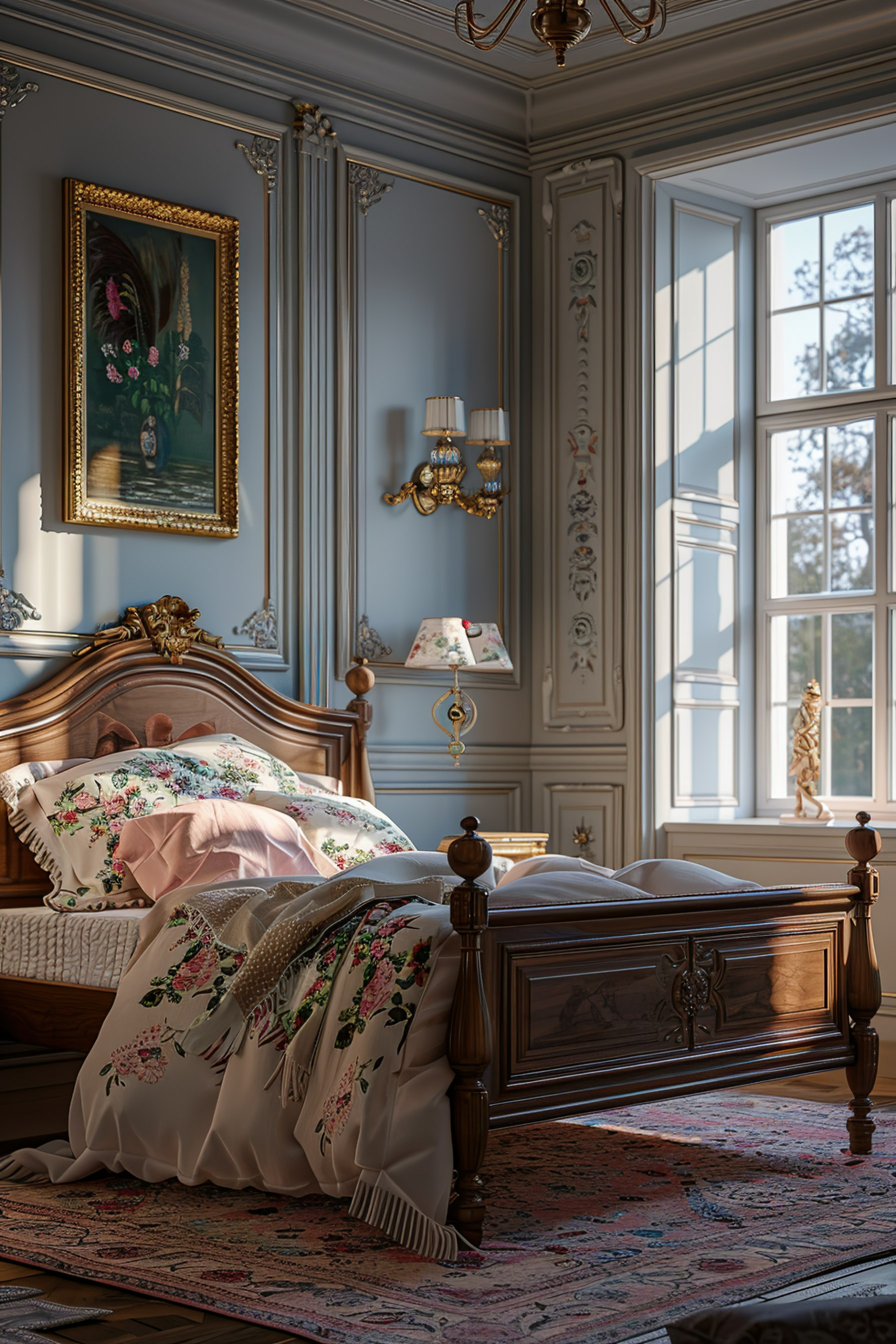 Elegant bedroom with sunlight streaming through windows, highlighting a classic wooden bed with floral bedding and an ornate rug.