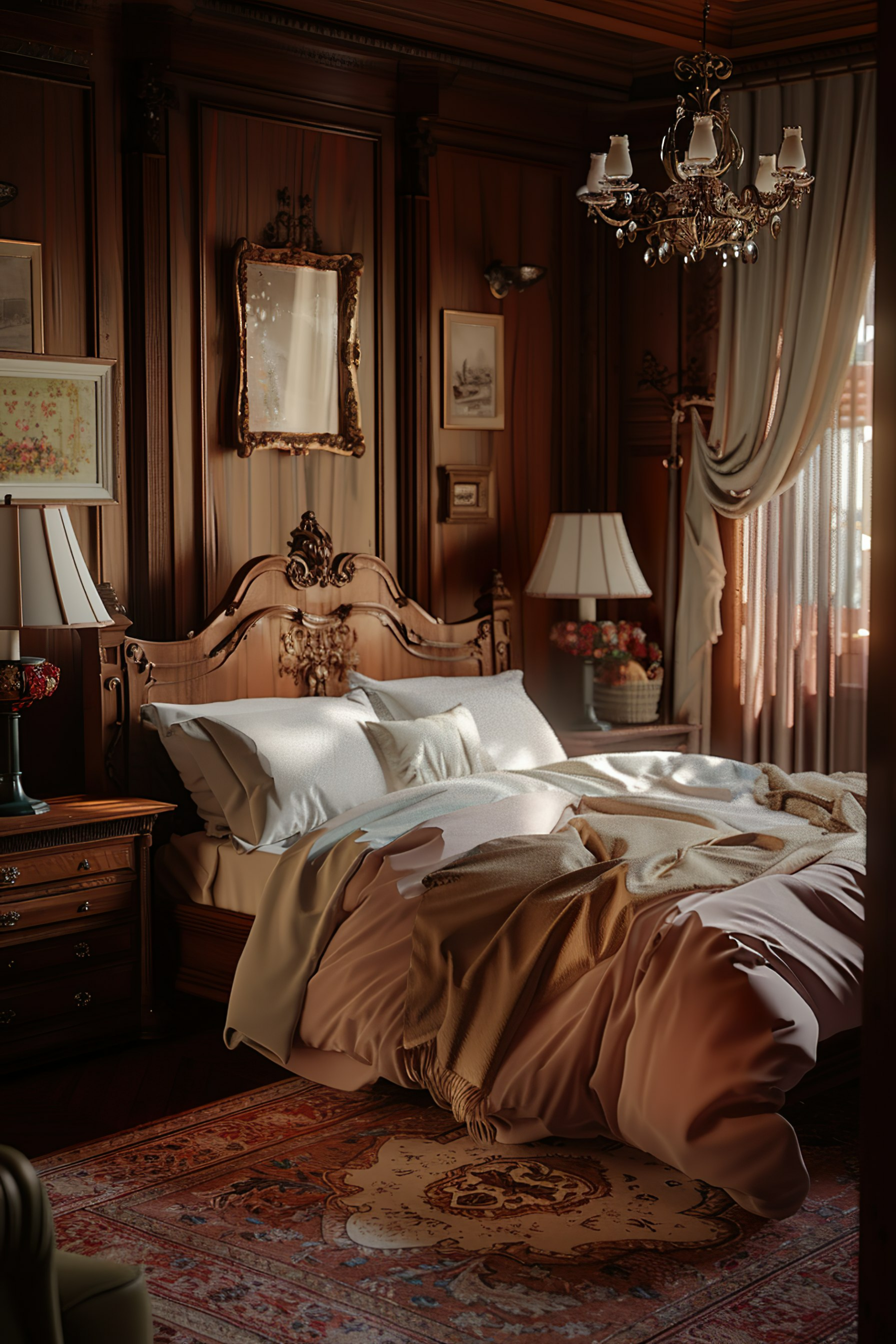 Elegant bedroom with ornate wooden furnishings, a chandelier, and sunlight filtering through sheer curtains.