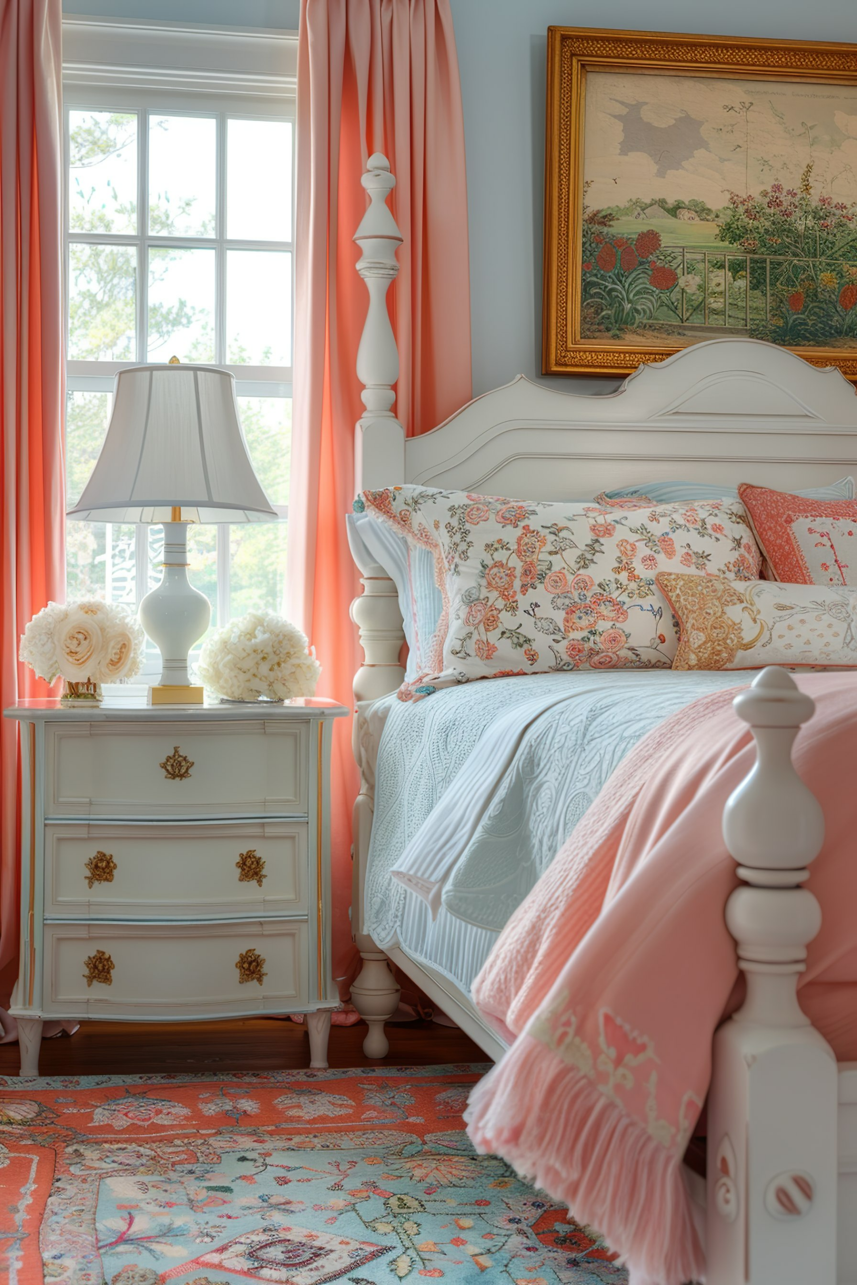 Cozy bedroom interior with an ornate bed, floral bedding, white nightstand, lamp, coral curtains, and a vintage framed artwork.