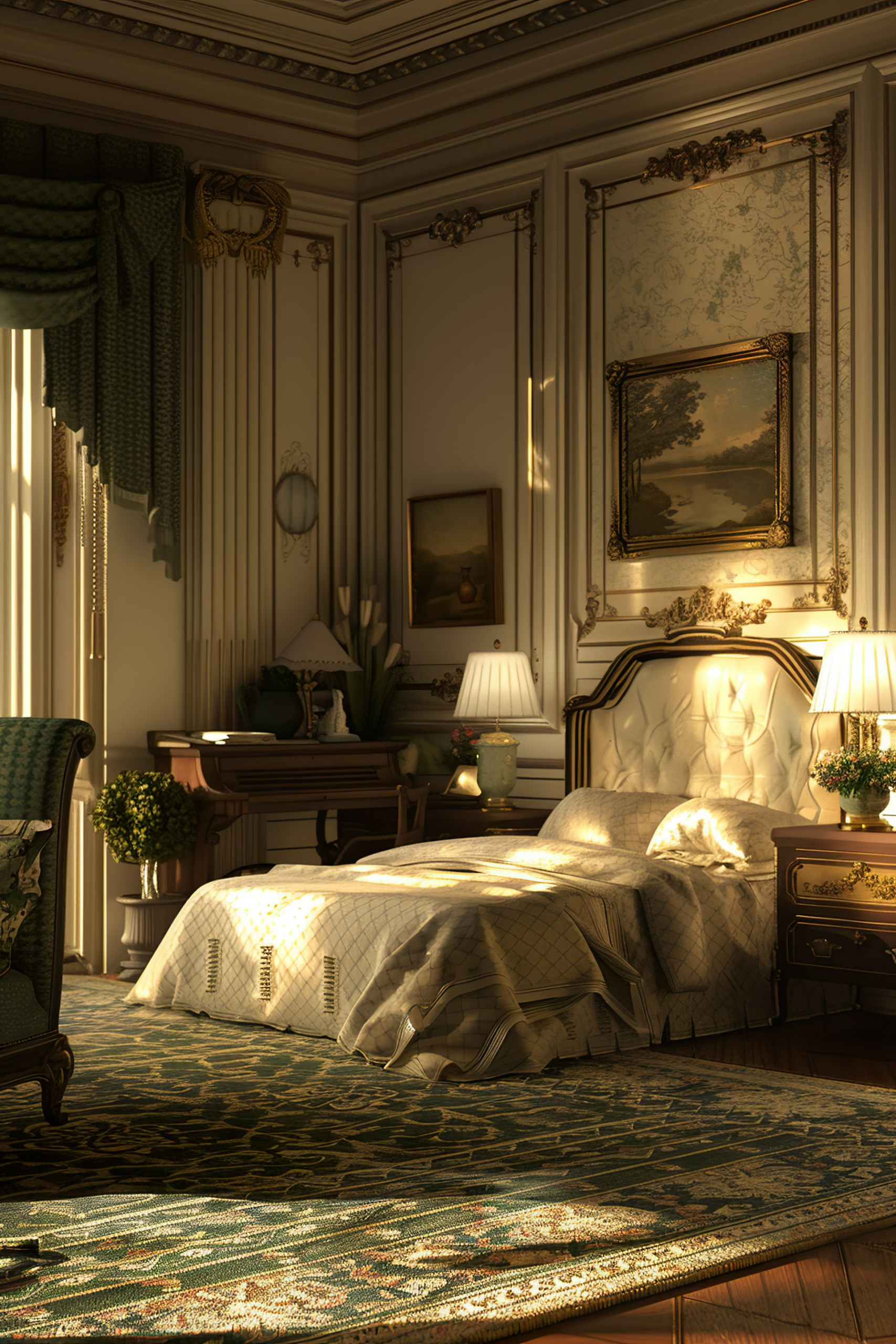 Elegant vintage bedroom with sunlight casting warm glow, ornate furniture, and decorative patterns on walls and textiles.