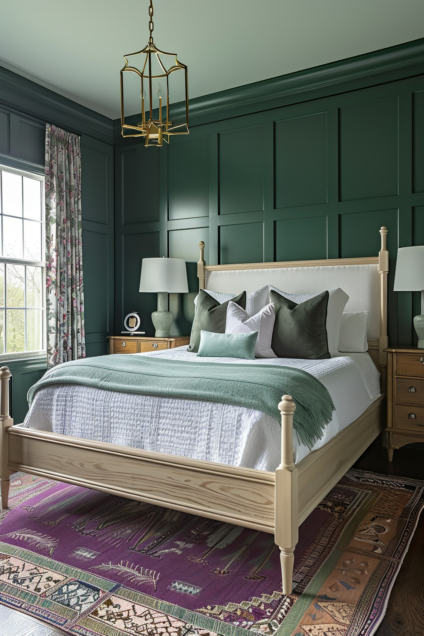 Elegant bedroom with dark green paneling, a wooden four-poster bed, patterned rug, and gold hanging light fixture.