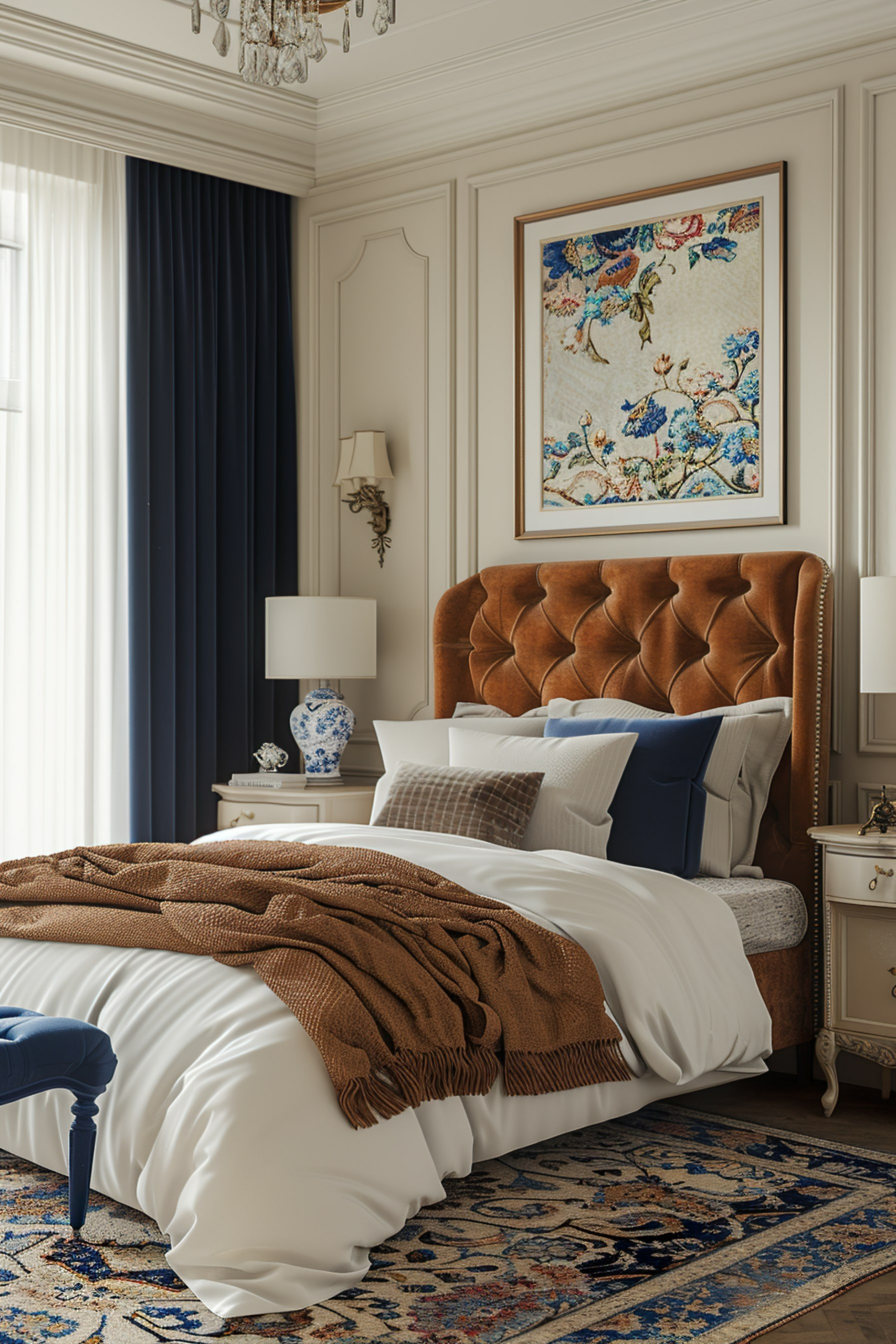 Elegant bedroom with a tufted headboard, navy curtains, white bedding, a brown throw blanket, and ornate decor accents.