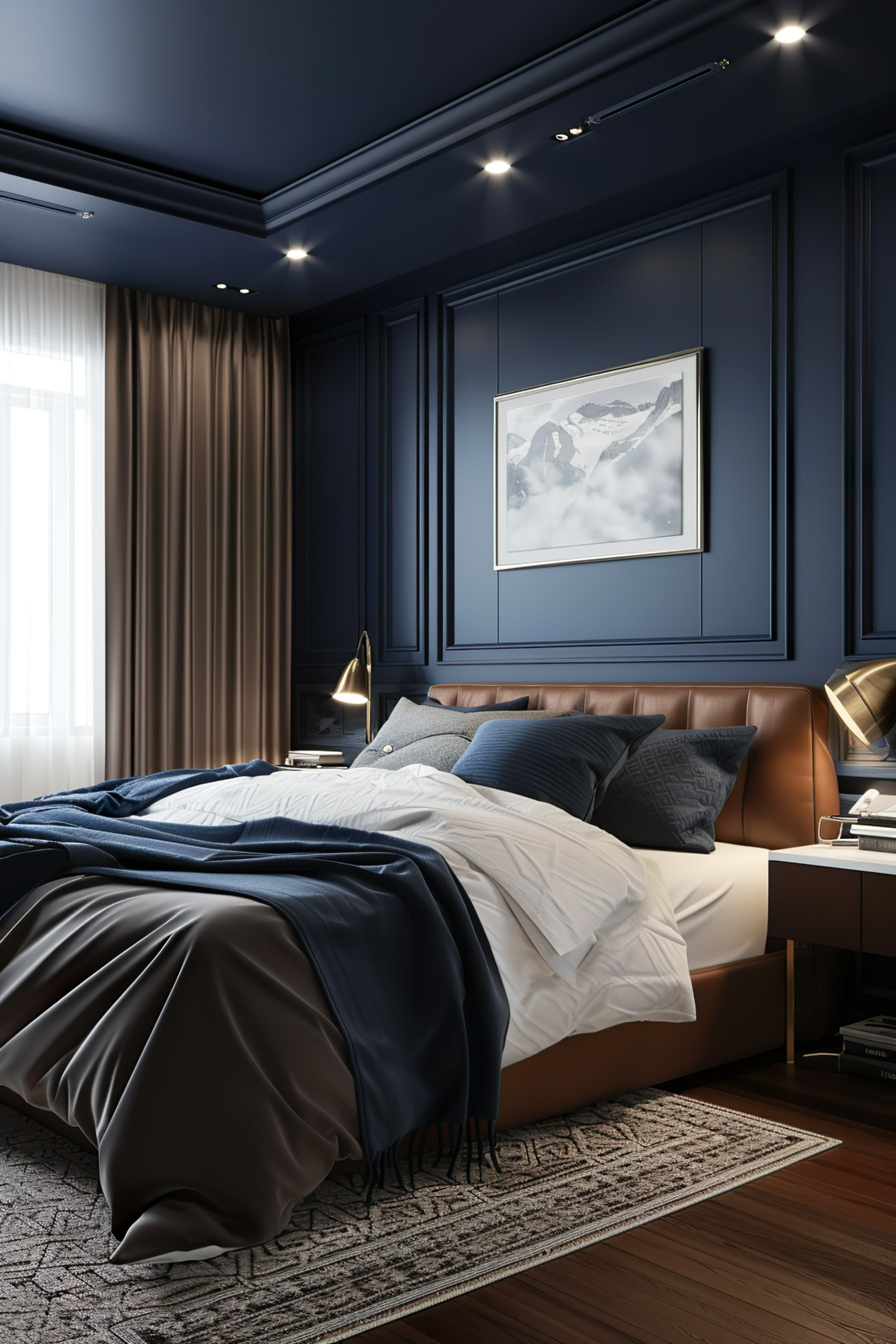 Elegant bedroom with a large bed, blue and brown decor, panelled walls, and a framed mountain photo.