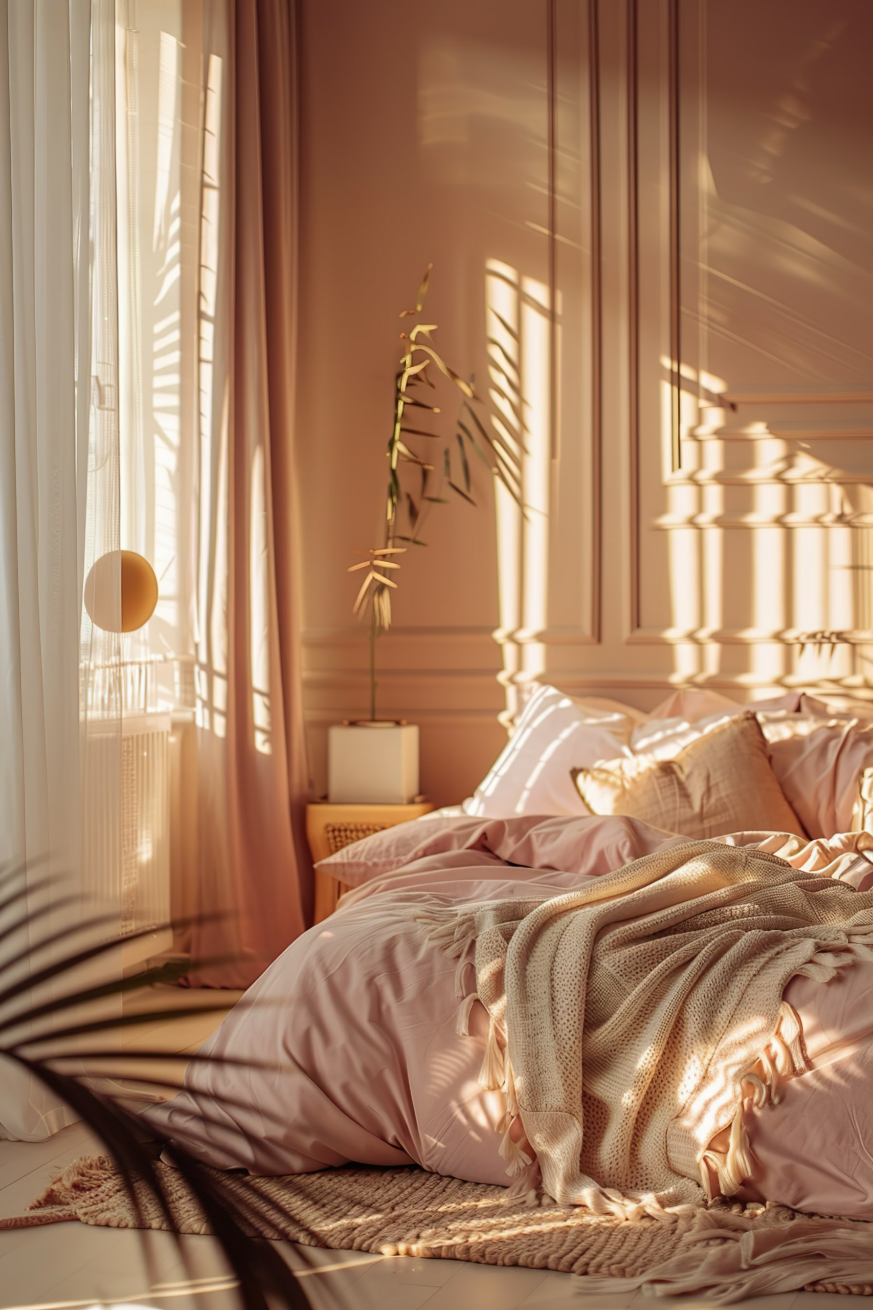 Warm sunlight filtering through curtains in a cozy bedroom with ruffled pink bedding and a knitted throw on a comfortable bed.