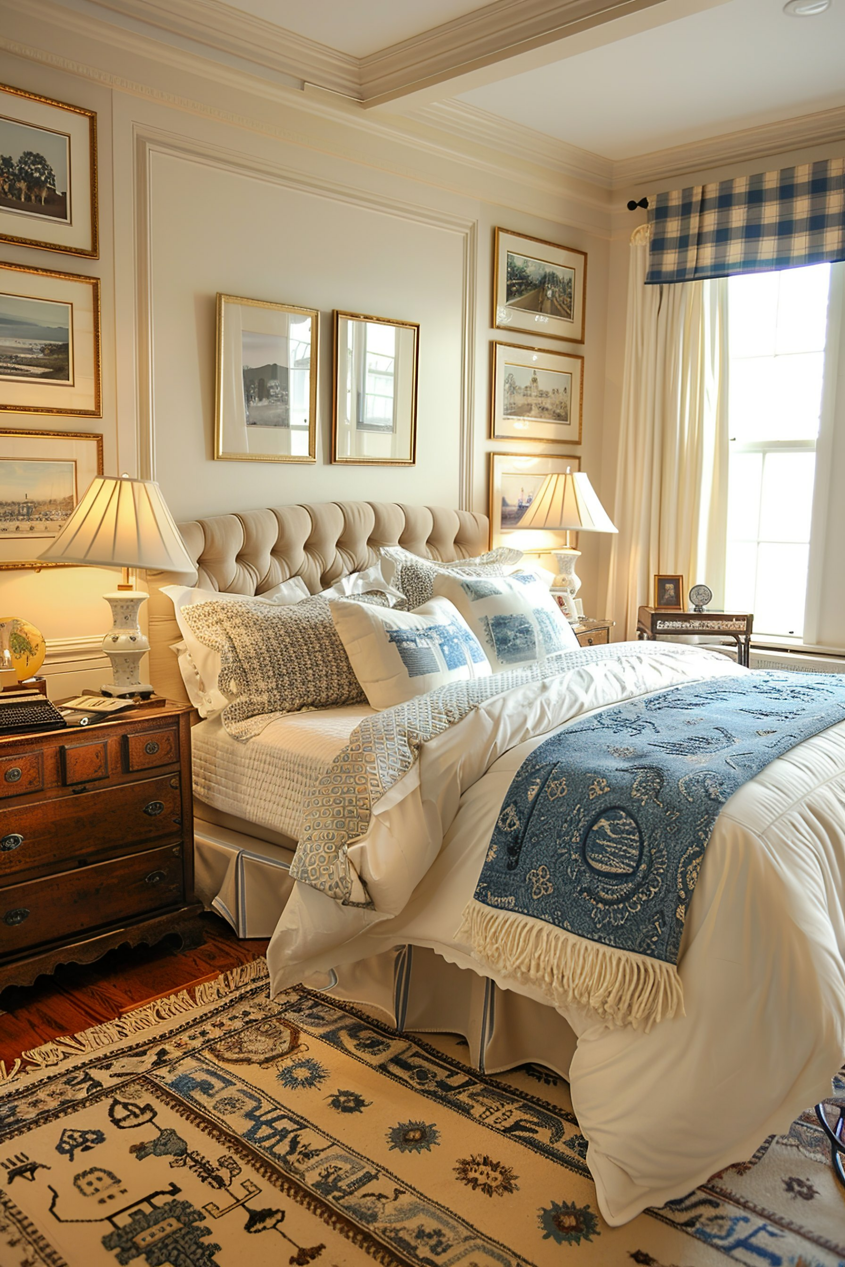 Elegant bedroom with a tufted headboard, patterned bedding, antique dresser, framed art, and a traditional area rug.