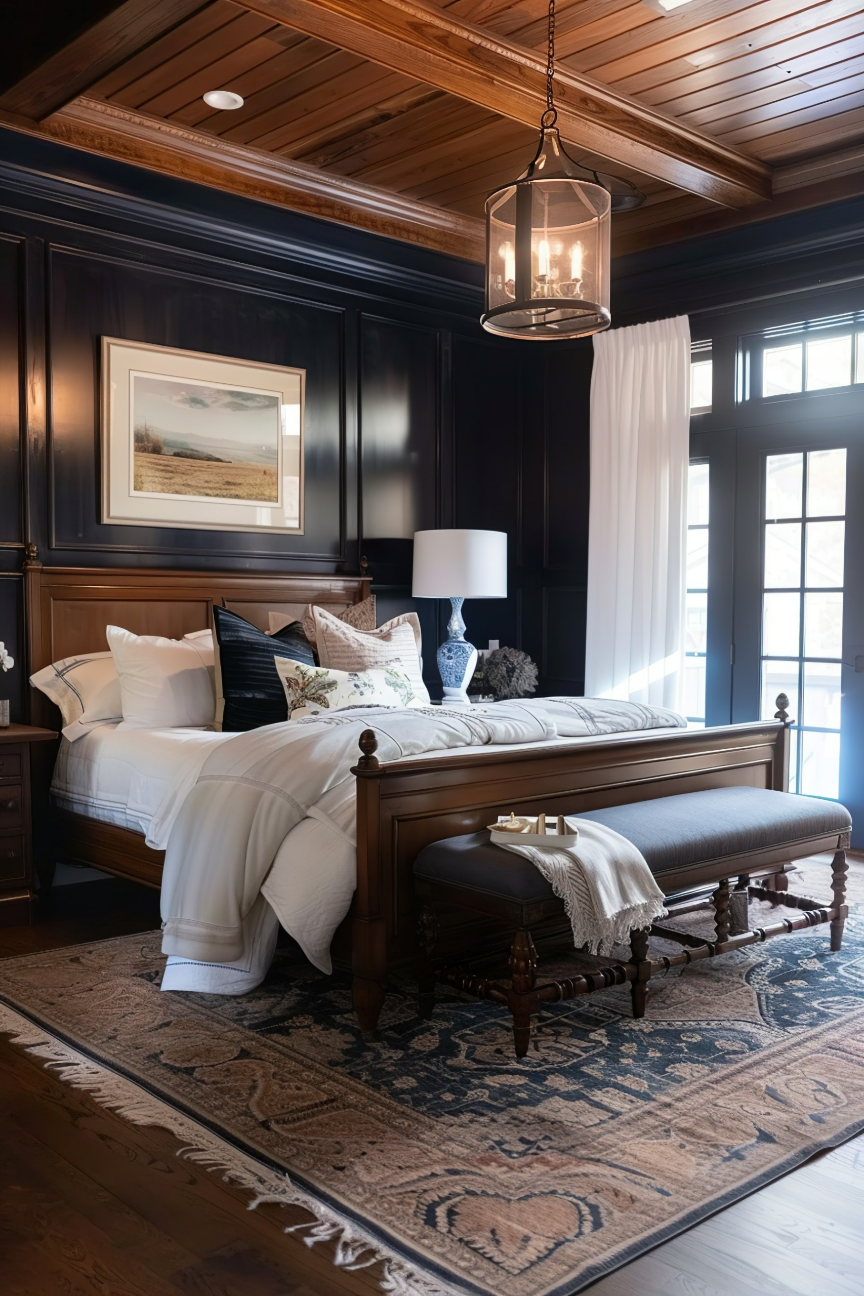 Elegant bedroom with dark paneled walls, a wooden bed frame, white bedding, a bench at the foot of the bed, and a classic pendant light.