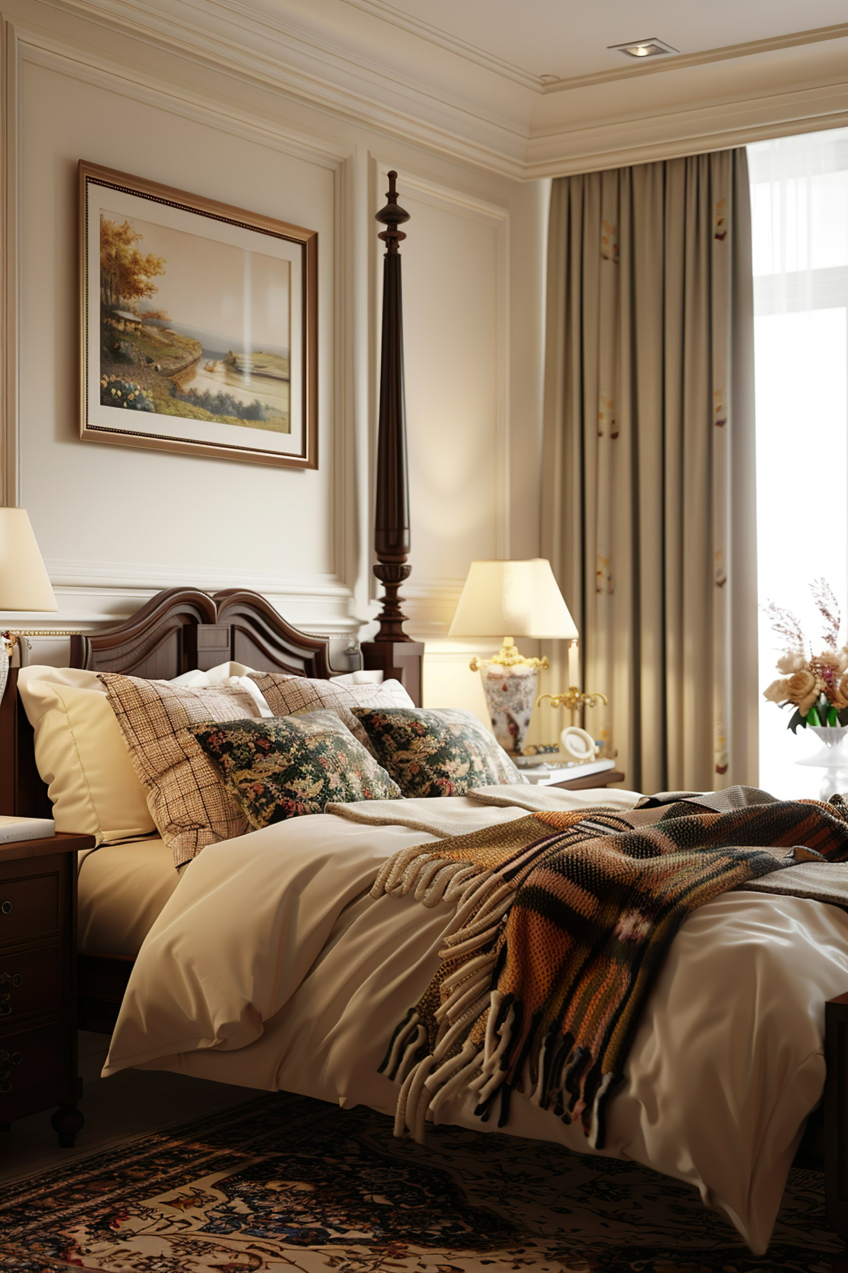 Elegant bedroom interior with a four-poster bed, patterned throw, framed artwork, and soft lighting from table lamps.