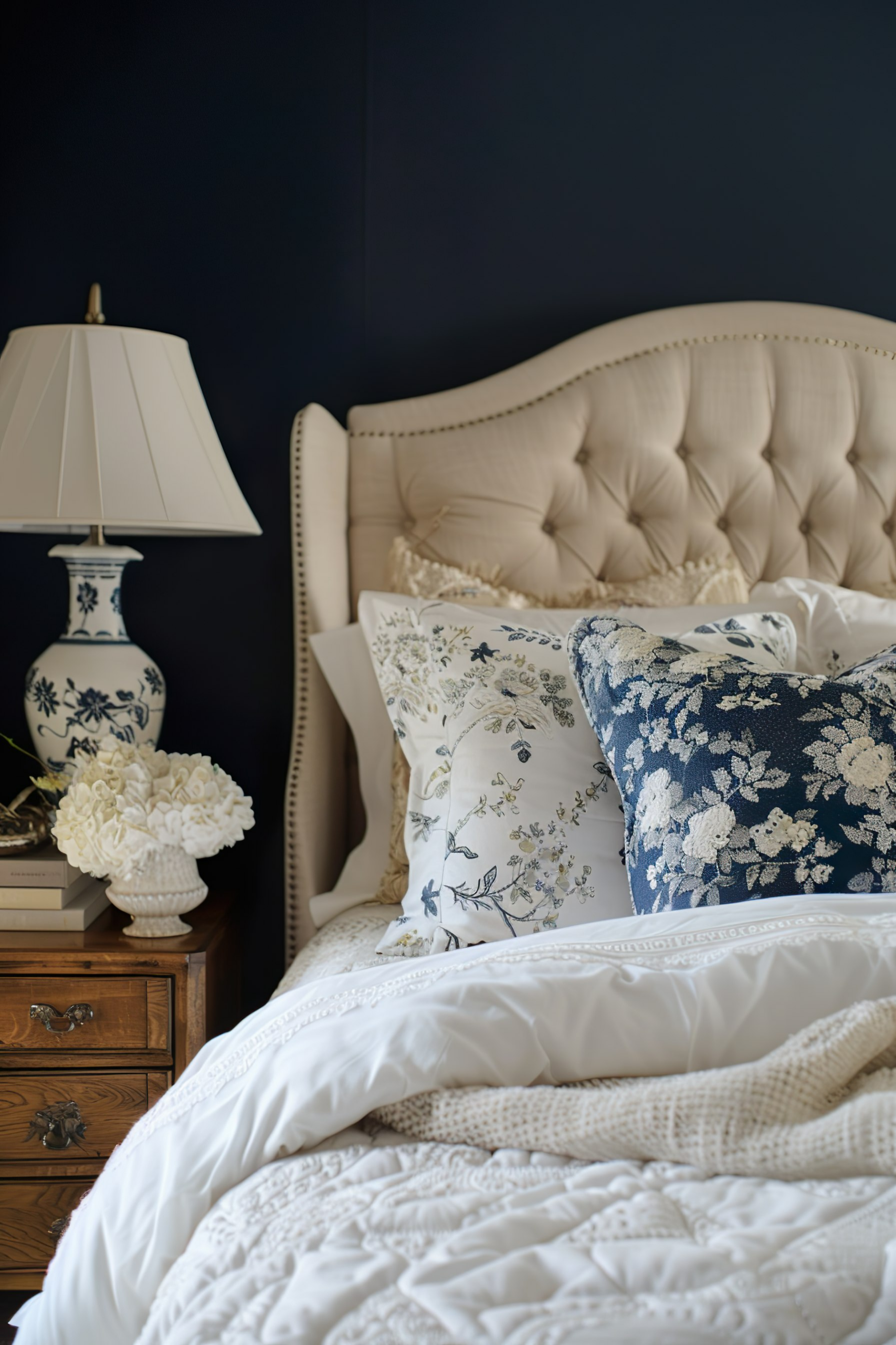 Elegant bedroom with a tufted headboard, white and floral pillows, a classic lamp on a wooden nightstand, and a dark blue wall.