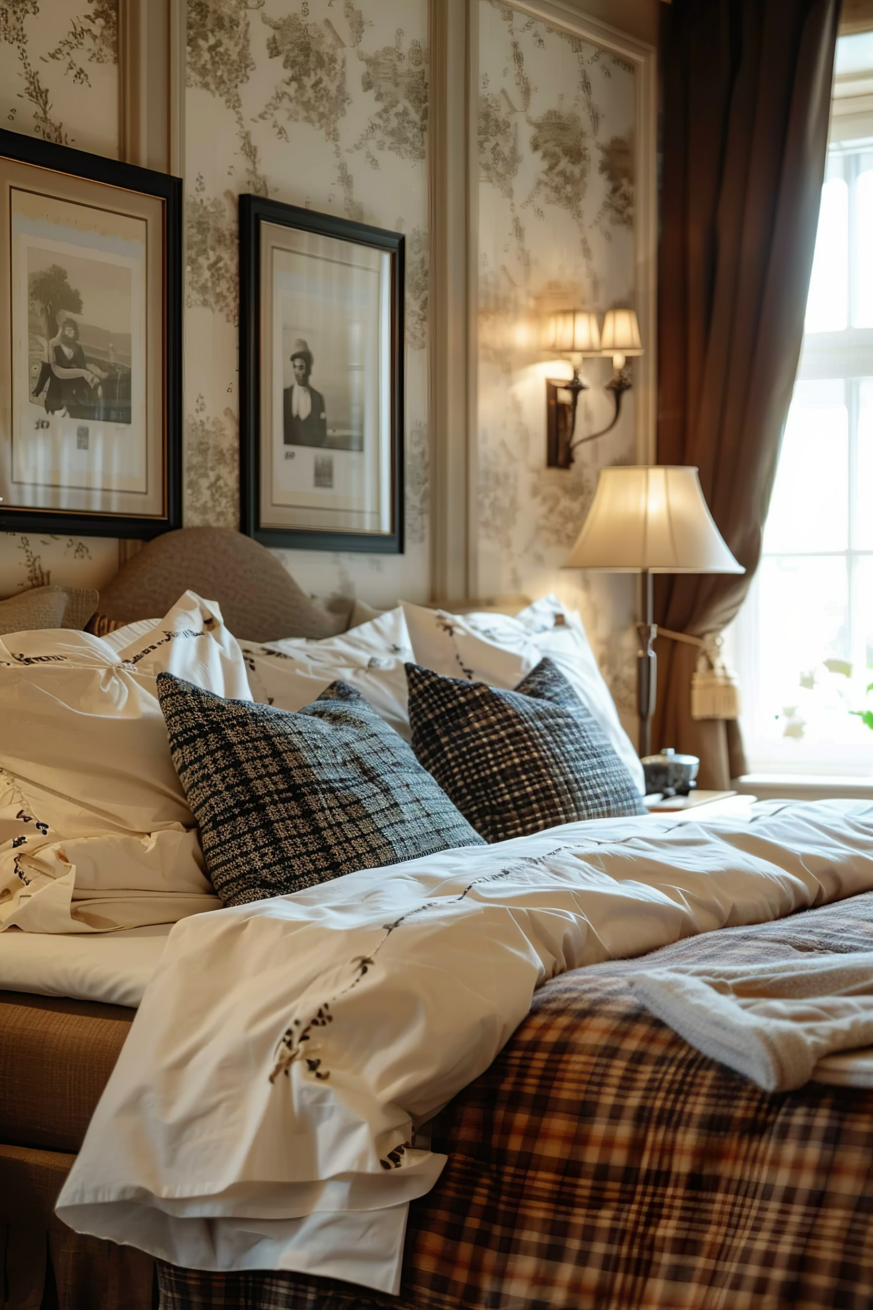 Elegant bedroom with plaid and white bedding, framed pictures on floral wallpaper, a wall lamp, and a glimpse of a window.