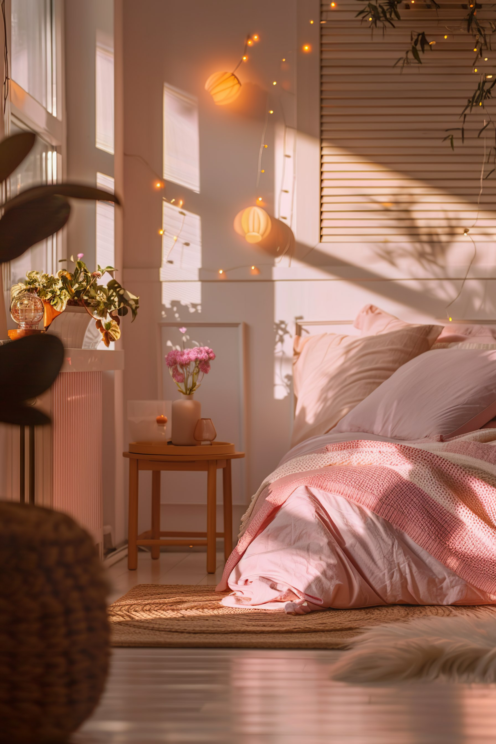 A cozy, sunlit bedroom with a pink made bed, hanging string lights, plants, and a bedside table with flowers.