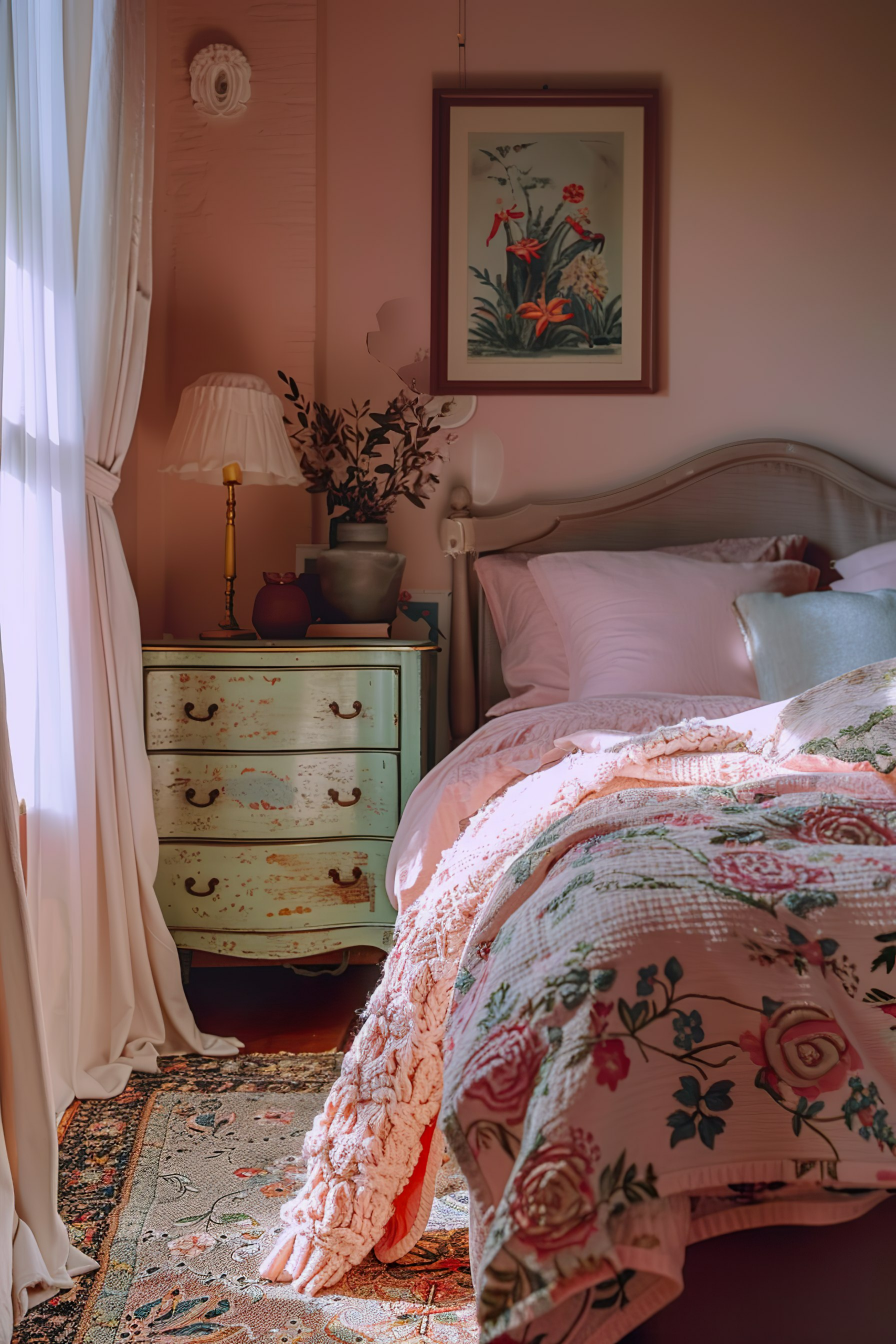 Cozy vintage-style bedroom with a floral quilt, distressed dresser, lamp, and botanical art on a pink wall bathed in warm light.