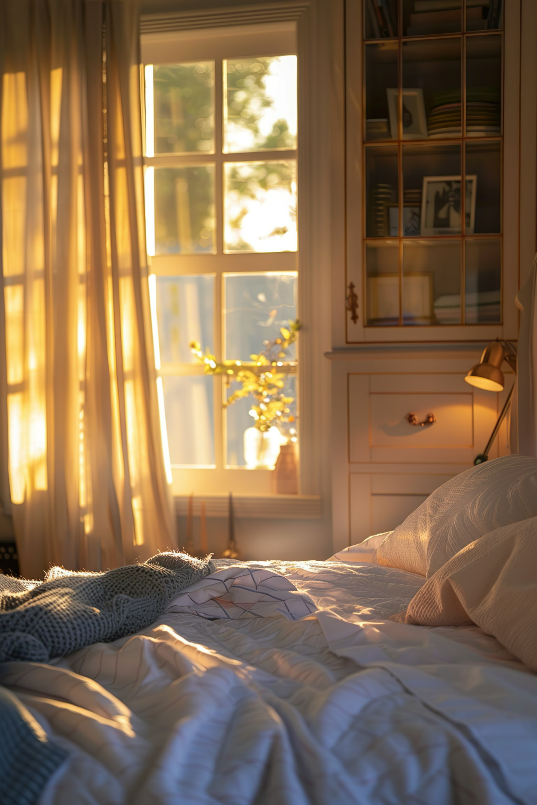 A cozy bedroom bathed in the warm glow of a sunset with an unmade bed, sheer curtains, and a shelved window displaying books and decor.