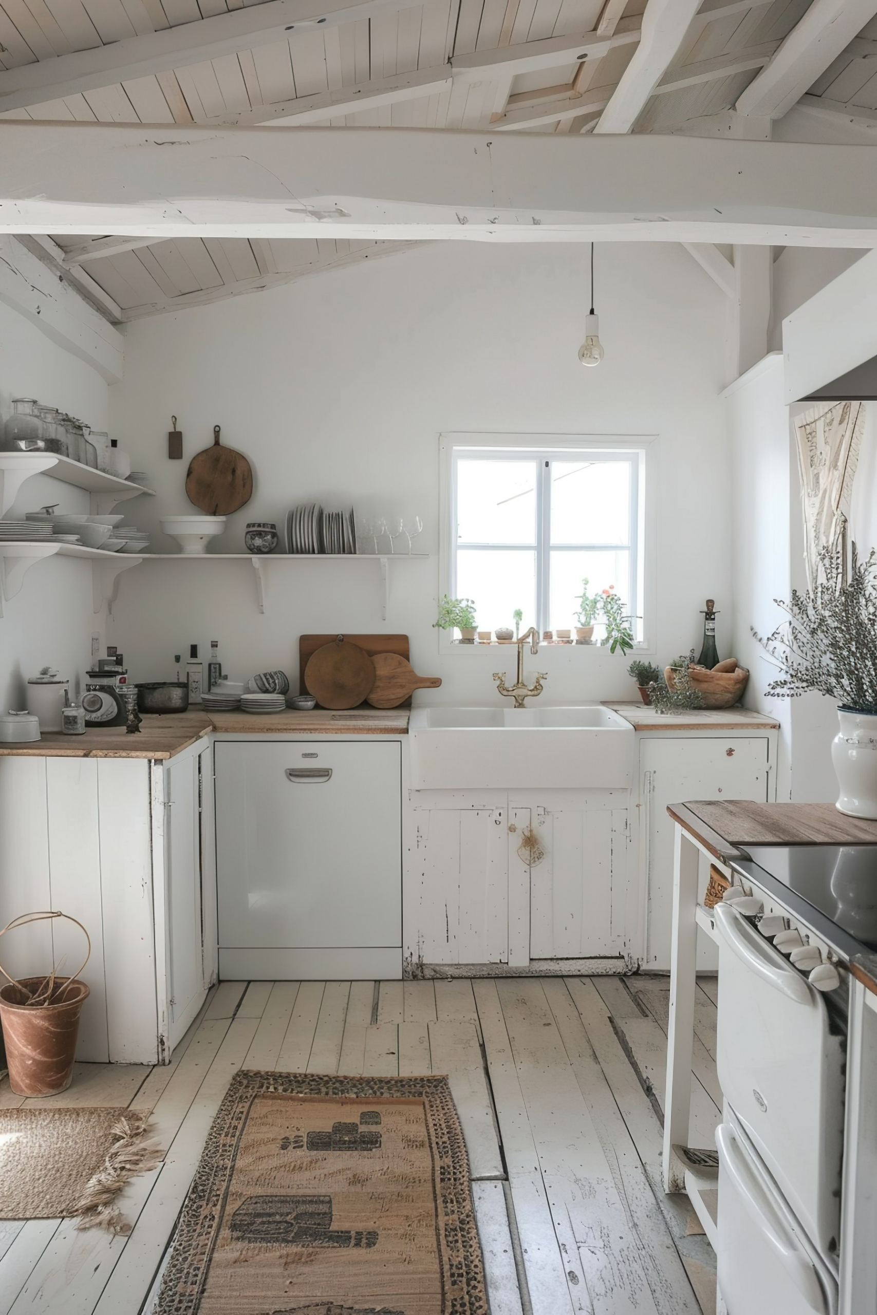 Bright, rustic kitchen interior with white cabinetry, wooden countertops, and vintage style appliances.